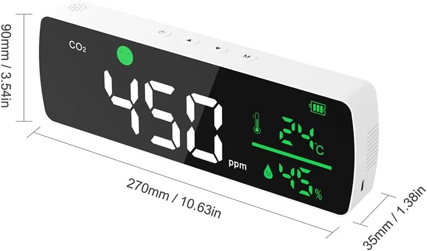 مانیتور کیفیت هوای رومیزی و دیواری با صفحه نمایش LED دیجیتال 11.2 اینچی، 3 در 1، دما، رطوبت و دتکتور آلارم CO2، تستر دی اکسید کربن قابل شارژ با سطح آینه ای برای اتاق و دفتر