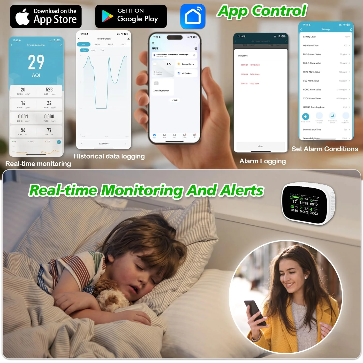 دستگاه سنجش کیفیت هوای هوشمند 18 در 1 - ردیاب کیفیت هوای داخلی وای فای با تراشه دوگانه، نمایش زمان واقعی AQI، CO2، PM2.5، PM1.0، PM10، TVOC، HCHO، نمایشگر زمان، دما و رطوبت با هشدار (سفید-B2)