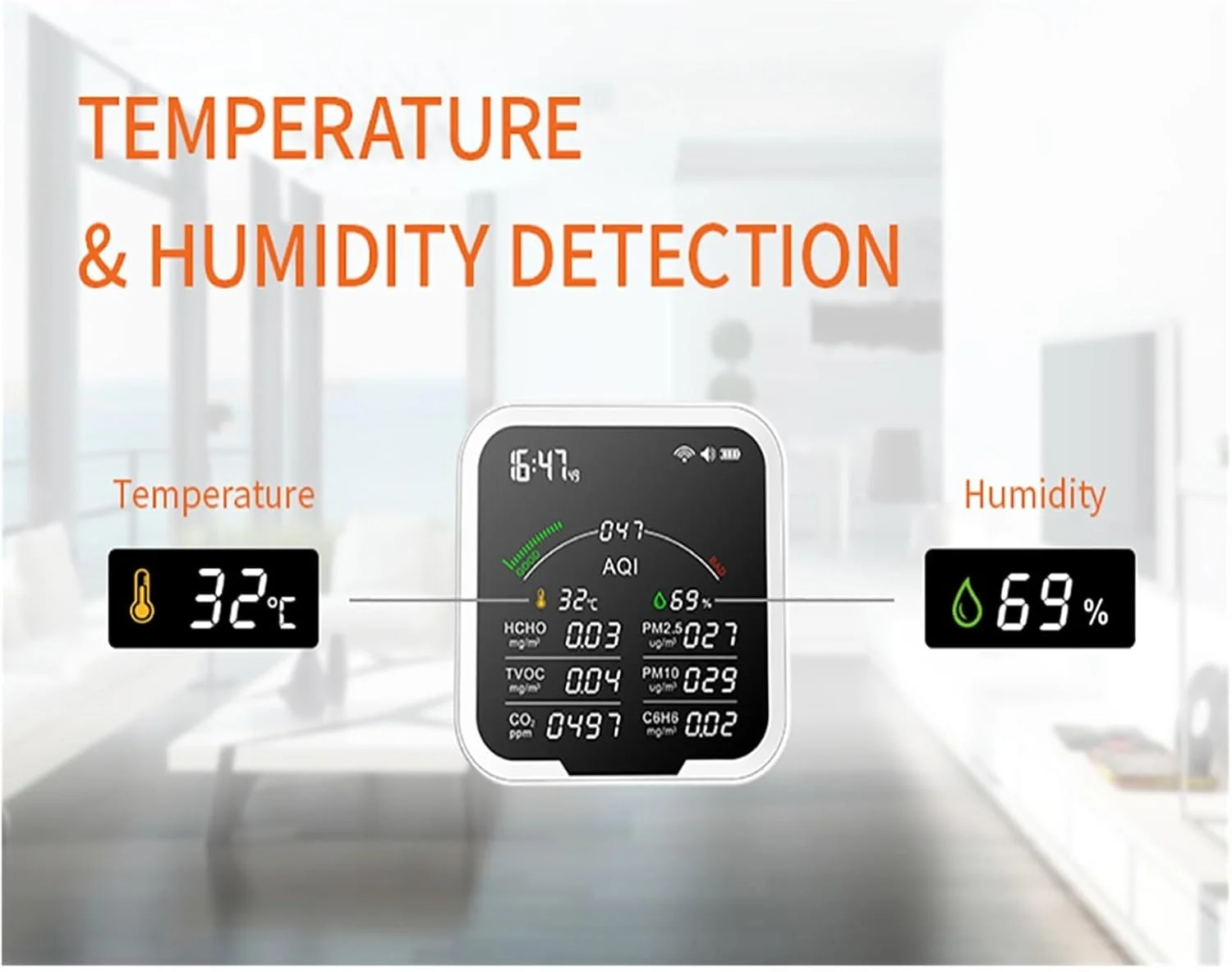 دستگاه مانیتورینگ کیفیت هوا، دستگاه 9 در 1 سنجش کیفیت هوا HCHO/TVOC/CO2/PM2.5/PM10/C6H6، آشکارساز دی اکسید کربن، دماسنج و رطوبت سنج 4.8 اینچی، مناسب برای منزل
