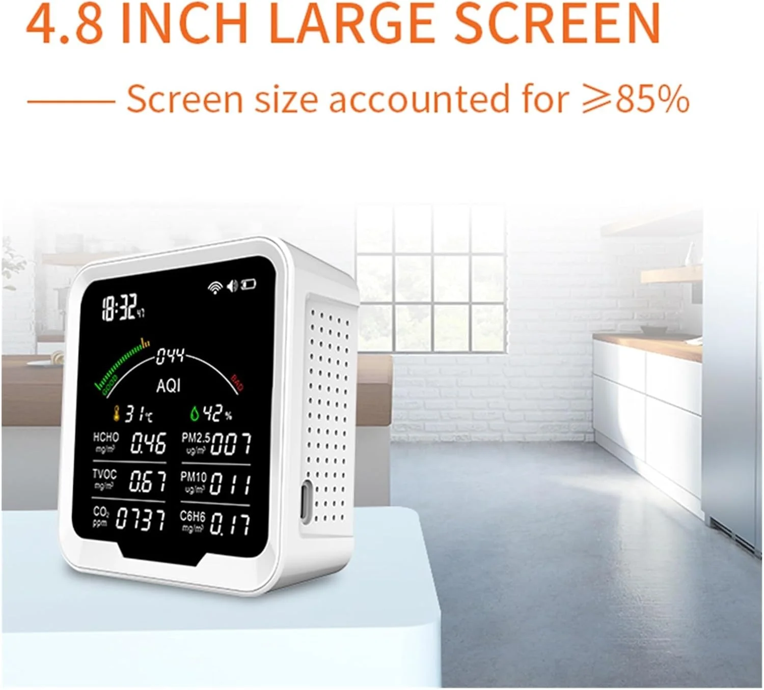 دستگاه مانیتورینگ کیفیت هوا، دستگاه 9 در 1 سنجش کیفیت هوا HCHO/TVOC/CO2/PM2.5/PM10/C6H6، آشکارساز دی اکسید کربن، دماسنج و رطوبت سنج 4.8 اینچی، مناسب برای منزل