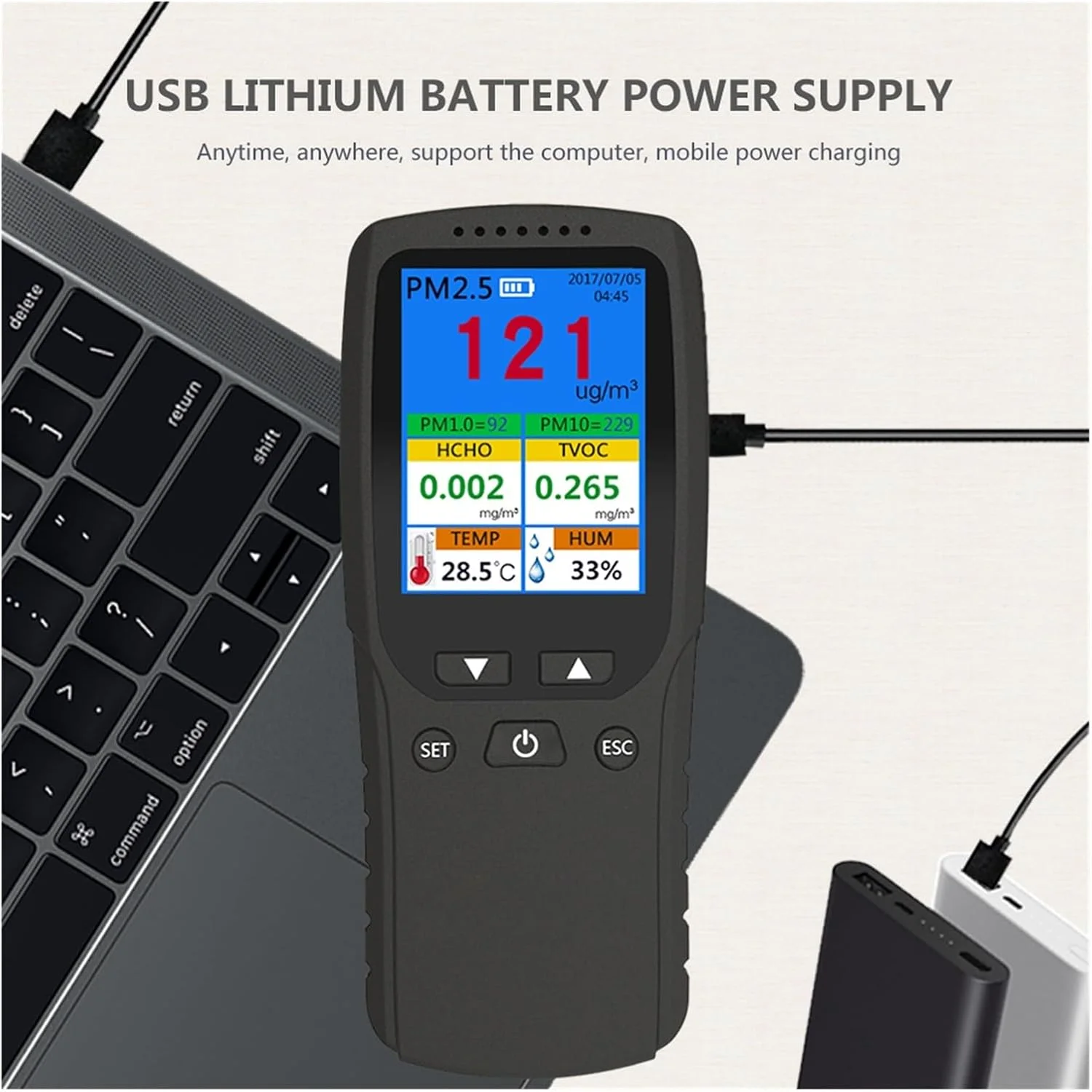 دستگاه مانیتور کیفیت هوا، دستگاه قابل حمل مانیتور کیفیت هوا، ردیابی گرد و غبار PM2.5 برای بررسی گاز خودرو، عمر باتری طولانی