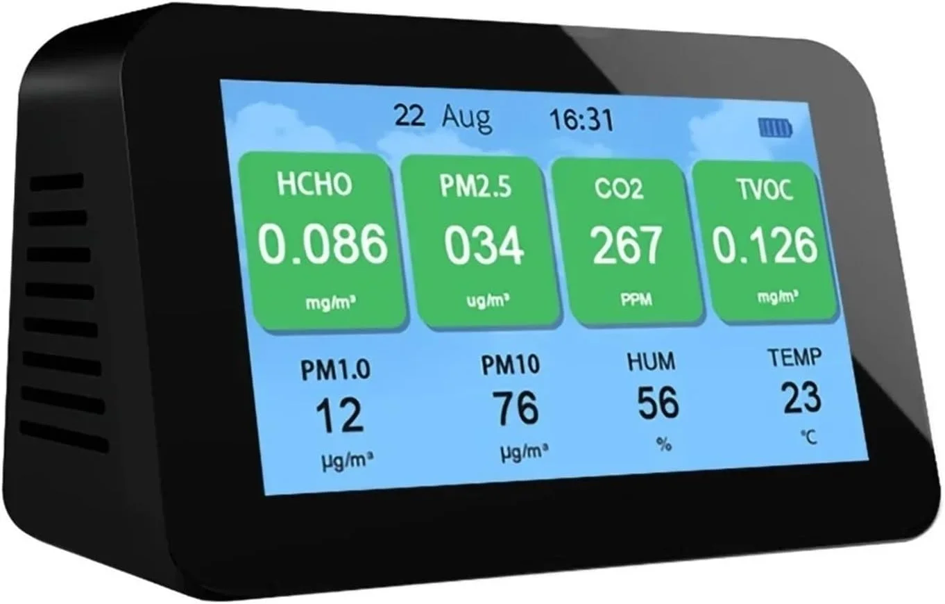 دستگاه مانیتورینگ کیفیت هوا DM601B، آشکارساز جدید کیفیت هوا با صفحه نمایش LCD دیجیتال رنگی، دستگاه مانیتورینگ هوشمند چند منظوره برای دی اکسید کربن PM2.5 TVOC و عمر باتری طولانی
