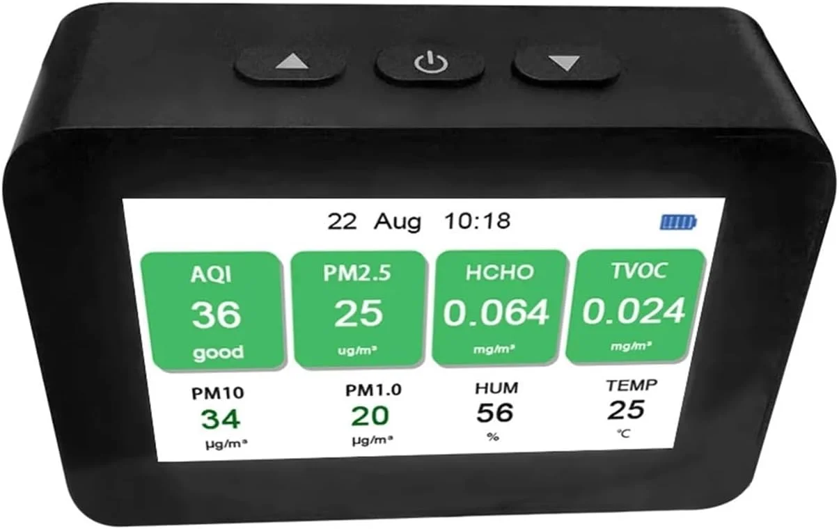 دستگاه مانیتورینگ کیفیت هوا DM601B، آشکارساز جدید کیفیت هوا با صفحه نمایش LCD دیجیتال رنگی، دستگاه مانیتورینگ هوشمند چند منظوره برای دی اکسید کربن PM2.5 TVOC و عمر باتری طولانی