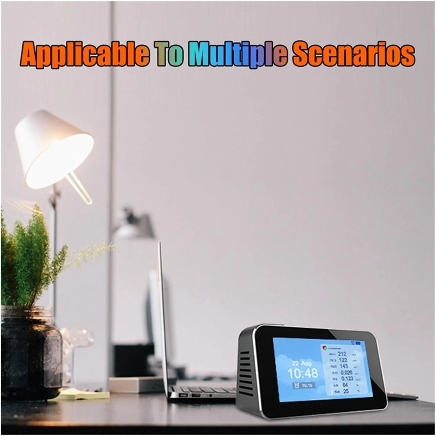 دستگاه مانیتورینگ کیفیت هوا با صفحه نمایش LCD 4.3 اینچی، آشکارساز گاز PM2.5 PM1.0 PM10 TVOC، سنج دی اکسید کربن، دستگاه تست دما و رطوبت، ساعت زنگ دار، اندازه گیری خودکار