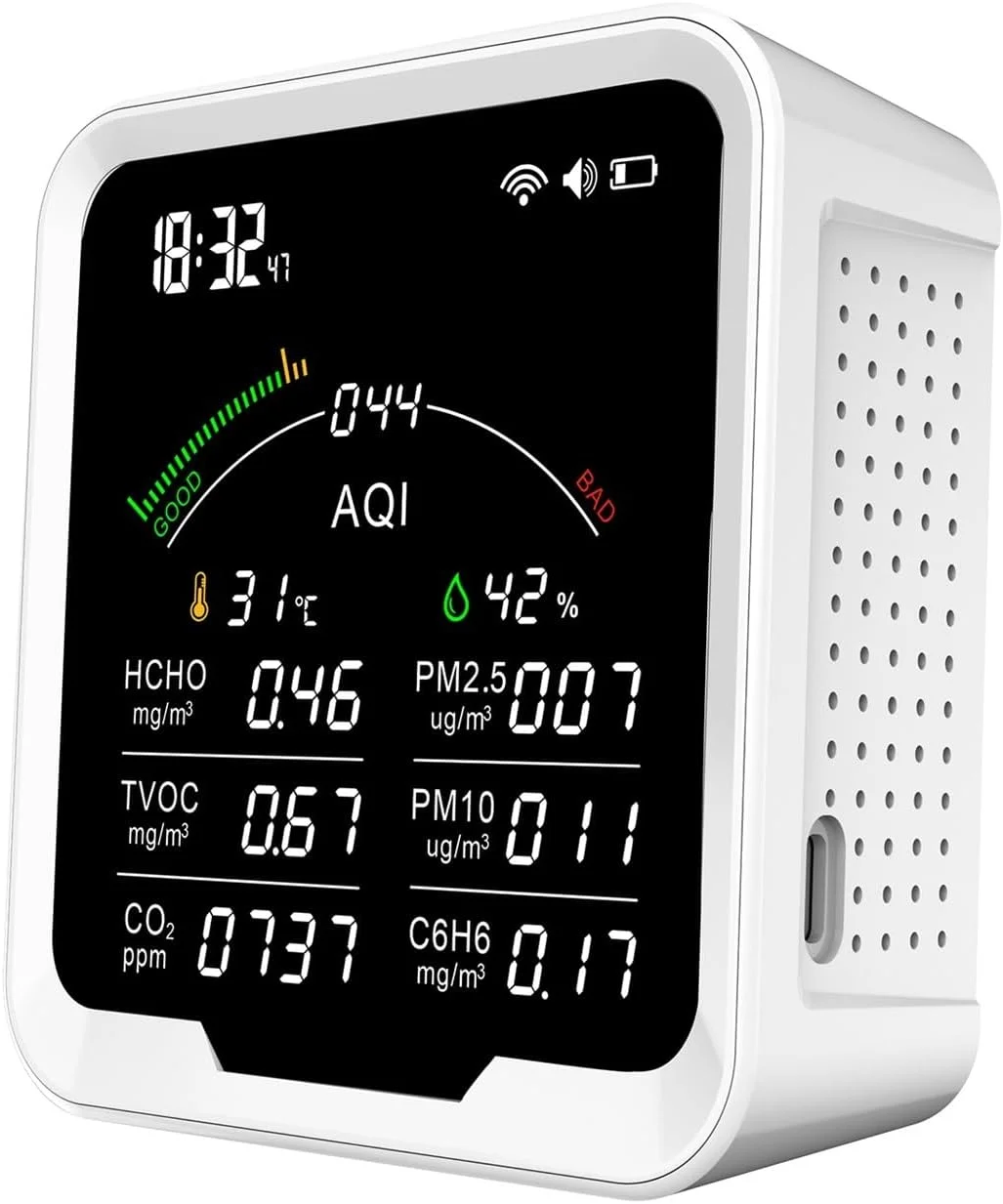 دستگاه سنجش کیفیت هوا 9 در 1، سنجش HCHO/TVOC/CO2/PM2.5/PM10/C6H6، آشکارساز دی اکسید کربن، دماسنج و رطوبت سنج 4.8 اینچی با عمر باتری طولانی