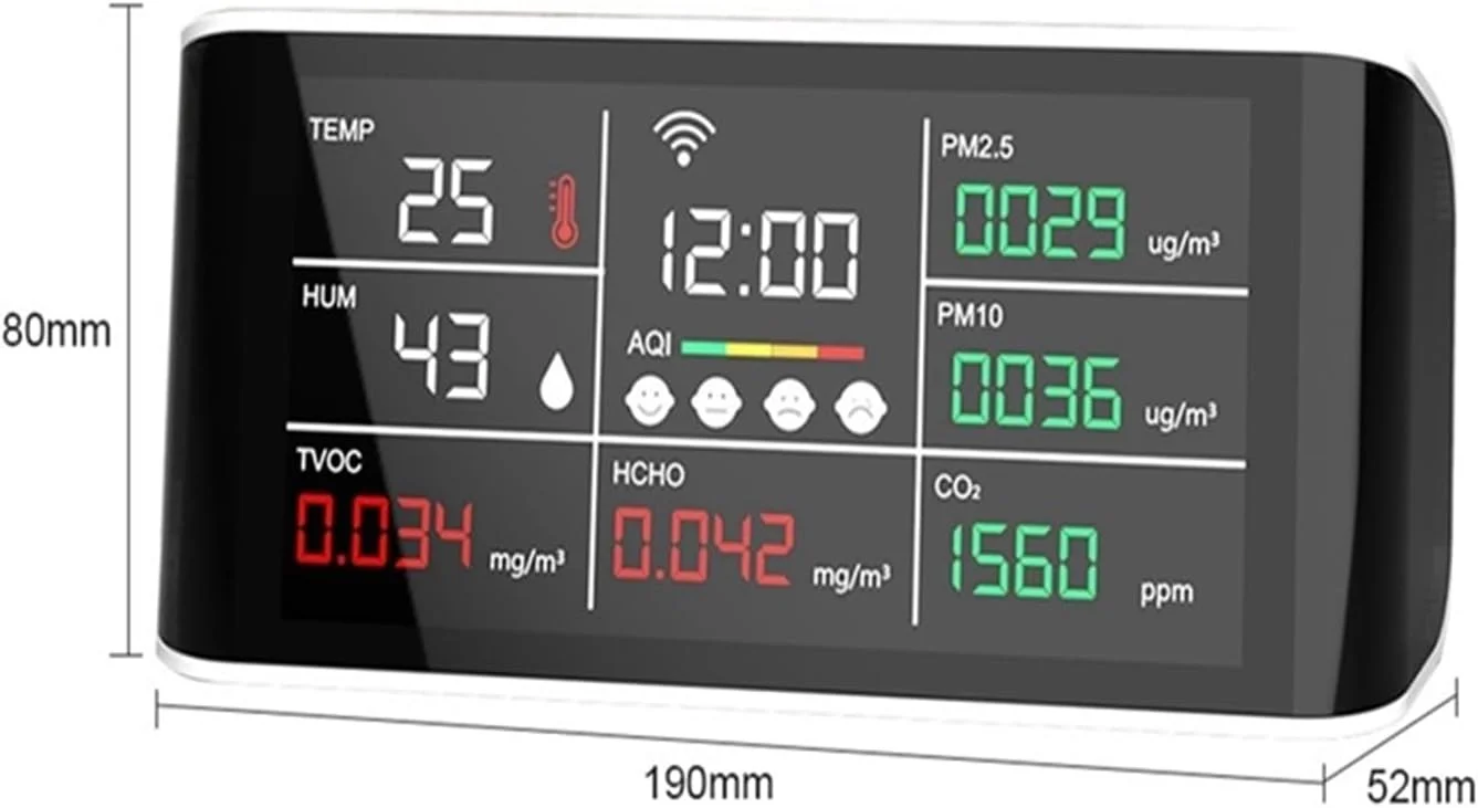 دستگاه مانیتورینگ کیفیت هوا 9 در 1، آشکارساز کیفیت هوا، تستر گاز دی اکسید کربن PM2.5 PM10 TVOC، مانیتور فرمالدئید، صفحه نمایش LED، عمر باتری طولانی