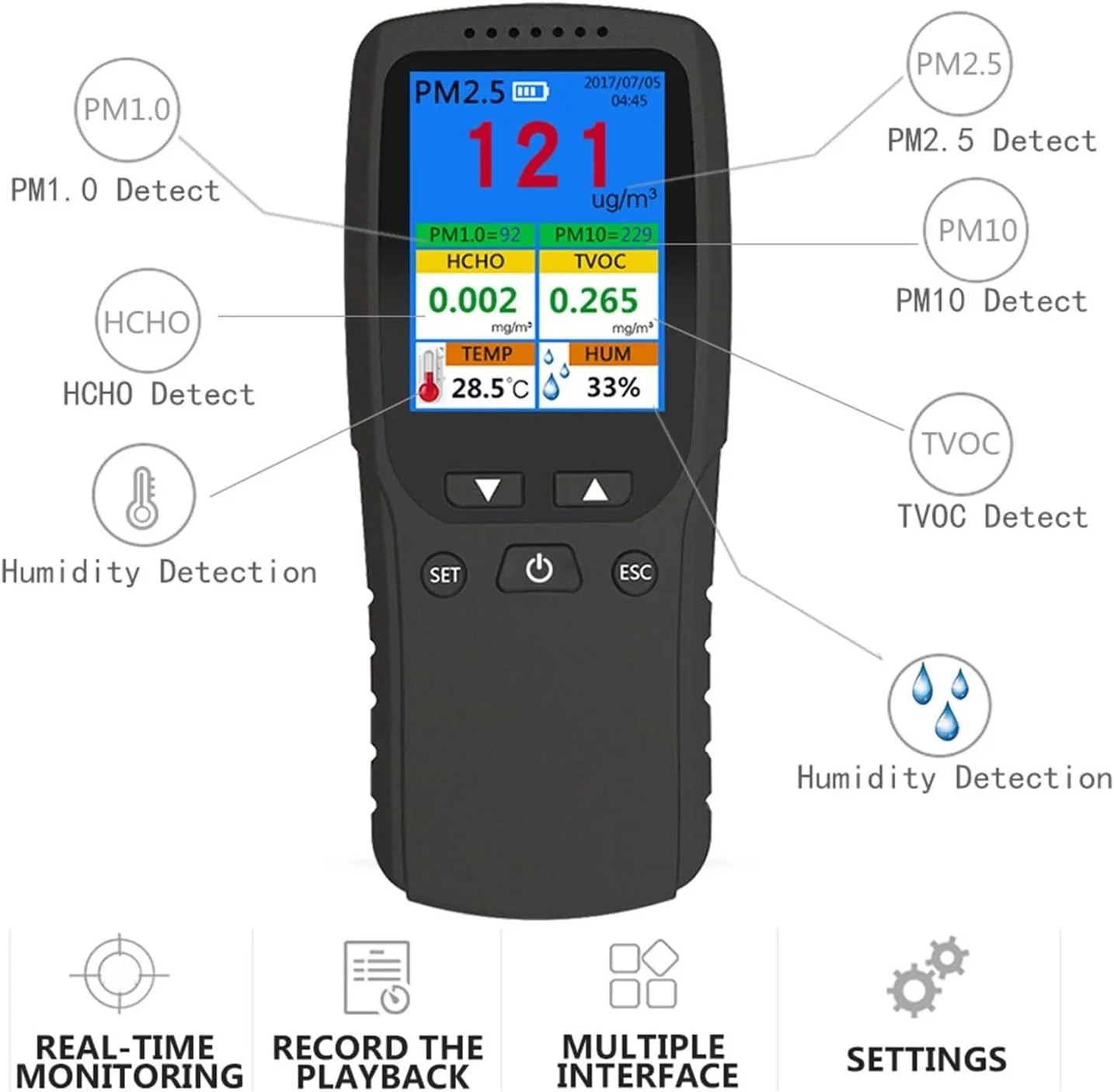 دستگاه مانیتورینگ کیفیت هوا 9 در 1، تستر کیفیت هوا برای نظارت بر فرمالدئید PM2.5 TVOC PM10، آنالایزر قابل حمل با صفحه نمایش LCD رنگی، آشکارساز گرد و غبار و عمر باتری طولانی