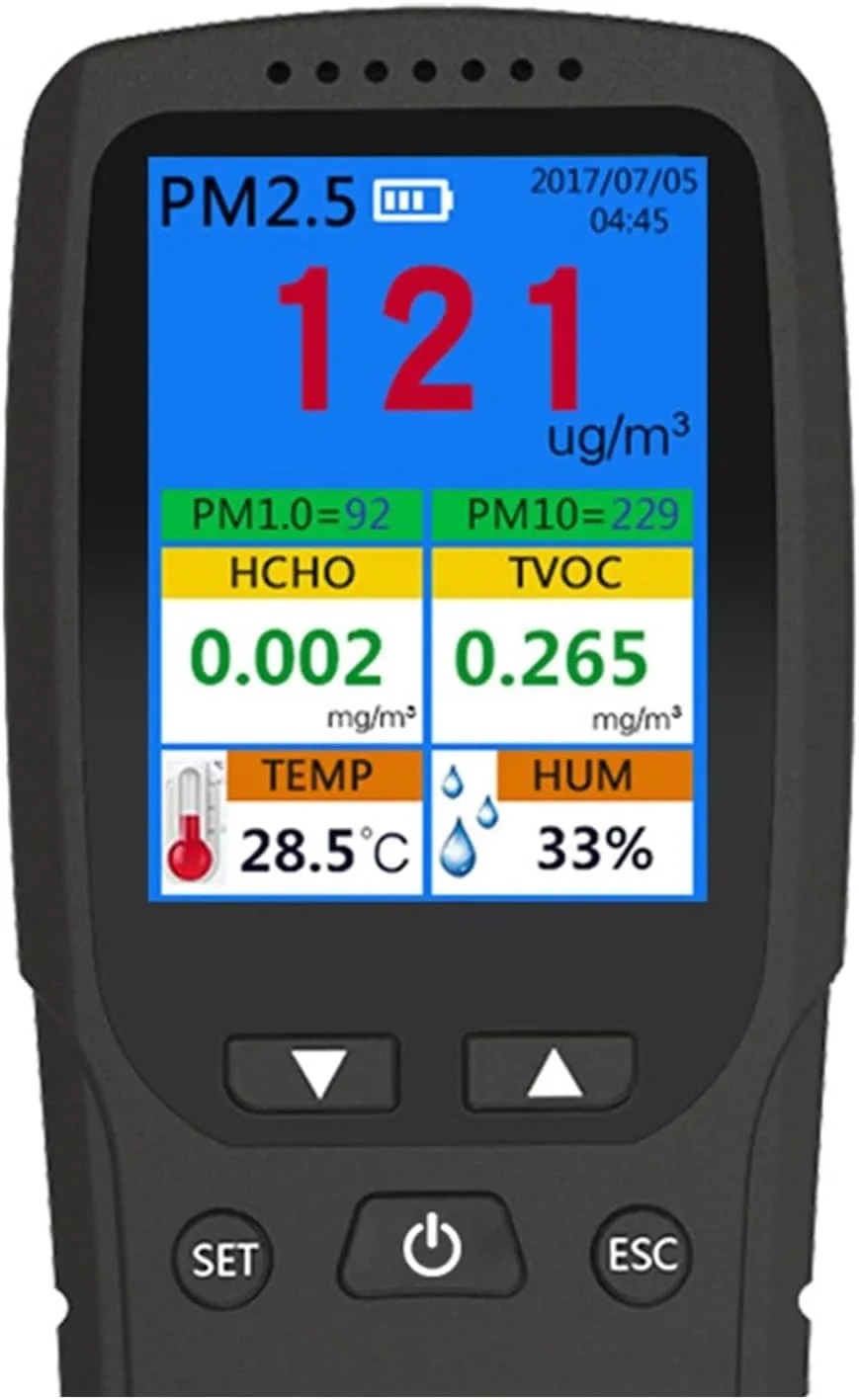 دستگاه مانیتورینگ کیفیت هوا 9 در 1، تستر کیفیت هوا برای نظارت بر فرمالدئید PM2.5 TVOC PM10، آنالایزر قابل حمل با صفحه نمایش LCD رنگی، آشکارساز گرد و غبار و عمر باتری طولانی