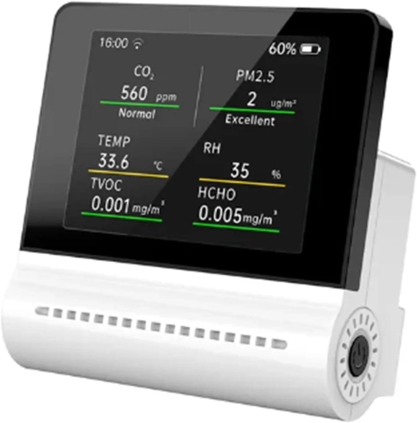 دستگاه مانیتورینگ کیفیت هوا، مجموعه ای از مانیتورهای کیفیت هوا Pm2.5 HCHO TVOC Co2 دما رطوبت صفحه نمایش لمسی خازنی چند منظوره با عمر باتری طولانی