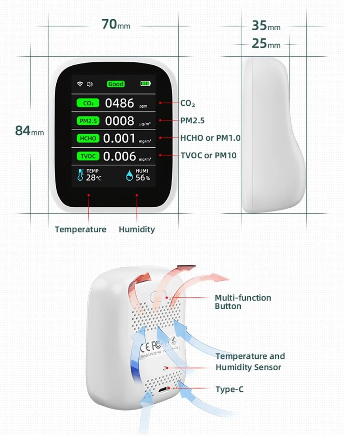 دستگاه مانیتور کیفیت هوا 8 در 1 PM1.0 PM2.5 PM10 CO2 TVOC HCHO تستر دما و رطوبت دستگاه قابل حمل اندازه گیری کیفیت هوا آشکارساز دی اکسید کربن با عمر باتری طولانی