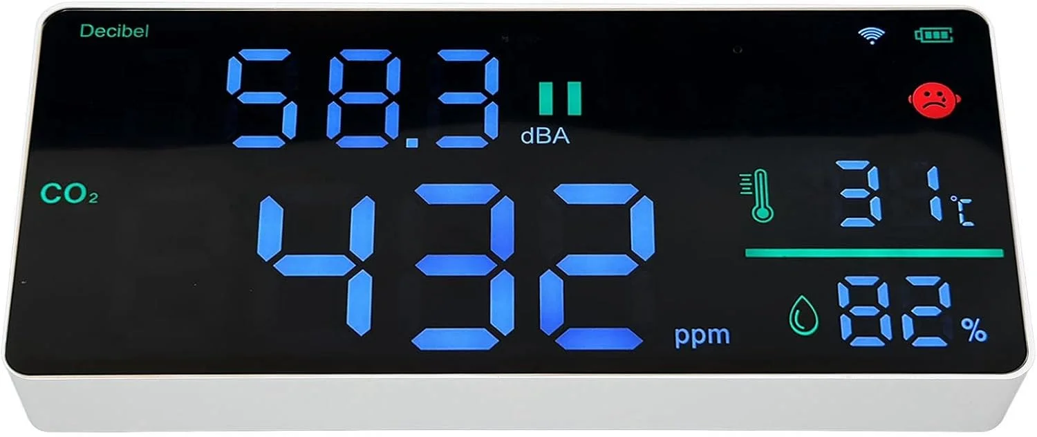 دستگاه مانیتورینگ دی اکسید کربن، تستر 4 در 1 نصب شده روی دیوار با صدا سنج، دماسنج دیجیتال، رطوبت سنج، آشکارساز دی اکسید کربن برای اندازه گیری کیفیت هوای داخلی