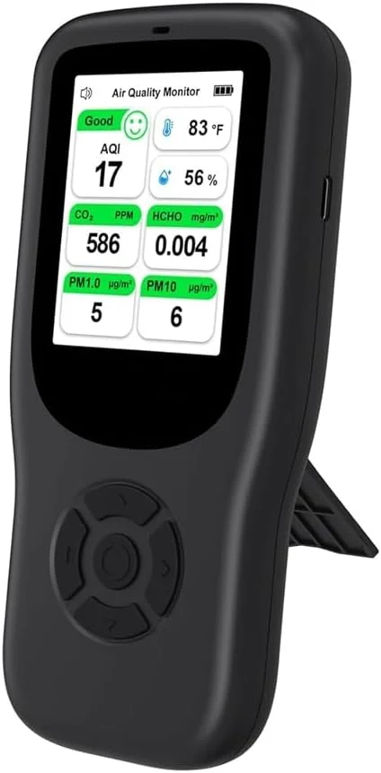 دستگاه مانیتورینگ کیفیت هوای داخلی، آشکارساز کیفیت هوا 10 در 1 به همراه پایه، تست کننده شمارنده هوا در زمان واقعی با هشدار