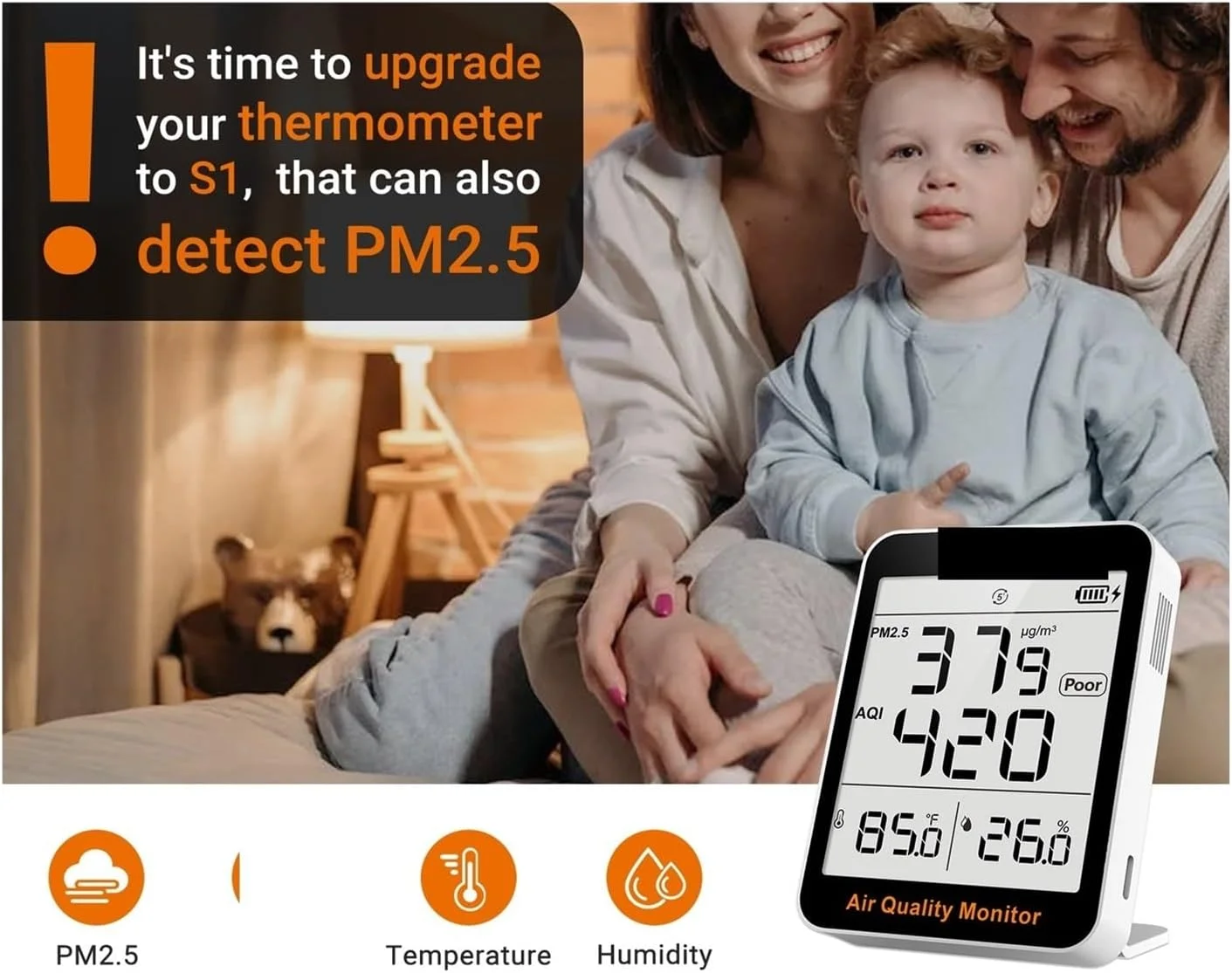 دستگاه مانیتور کیفیت هوا S1، مانیتور کیفیت هوای داخلی PM2.5، آشکارساز دما و رطوبت برای خانه، دفتر یا مدرسه، عمر باتری طولانی