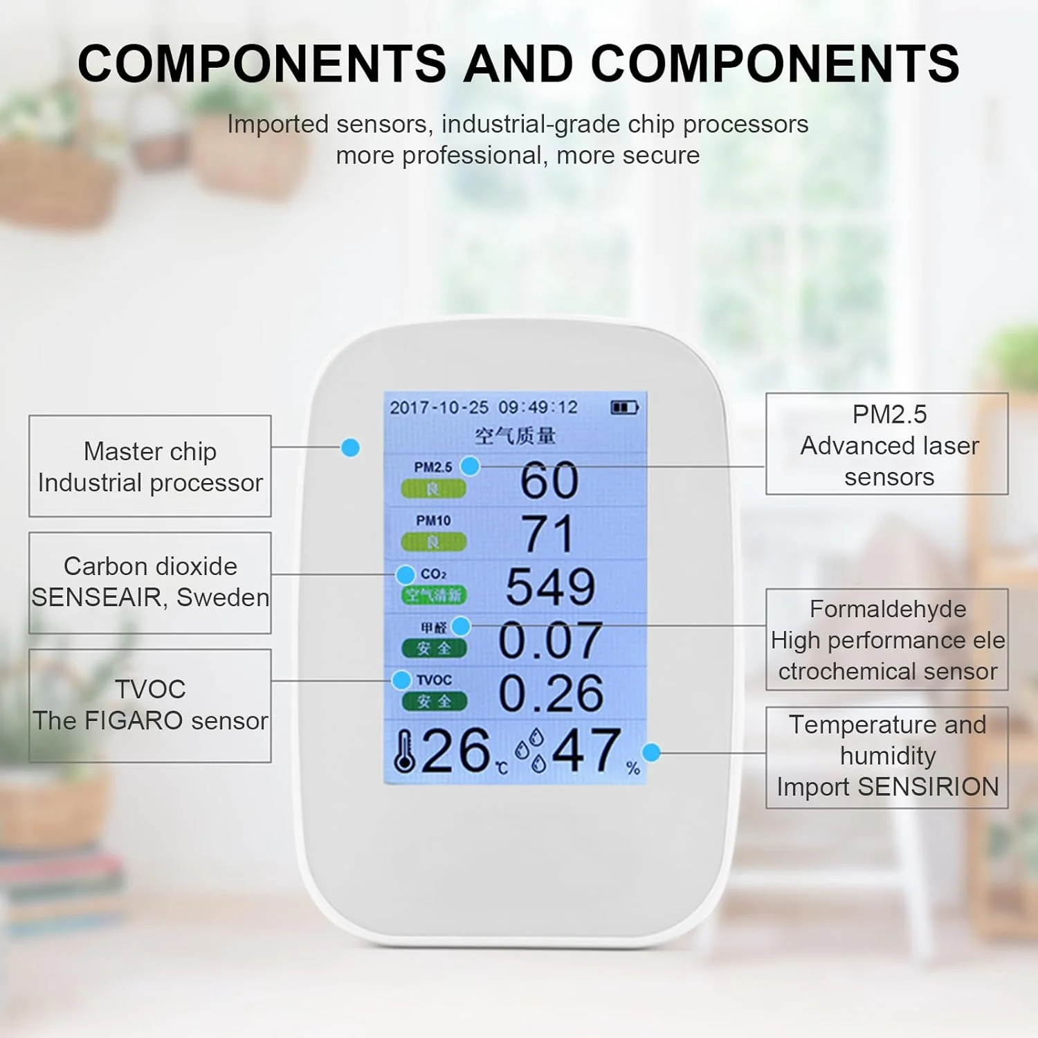 دستگاه های مانیتورینگ هوای داخلی با دقت بالا با صفحه نمایش دما و رطوبت برای دی اکسید کربن، آشکارسازهای هوای قابل حمل برای H