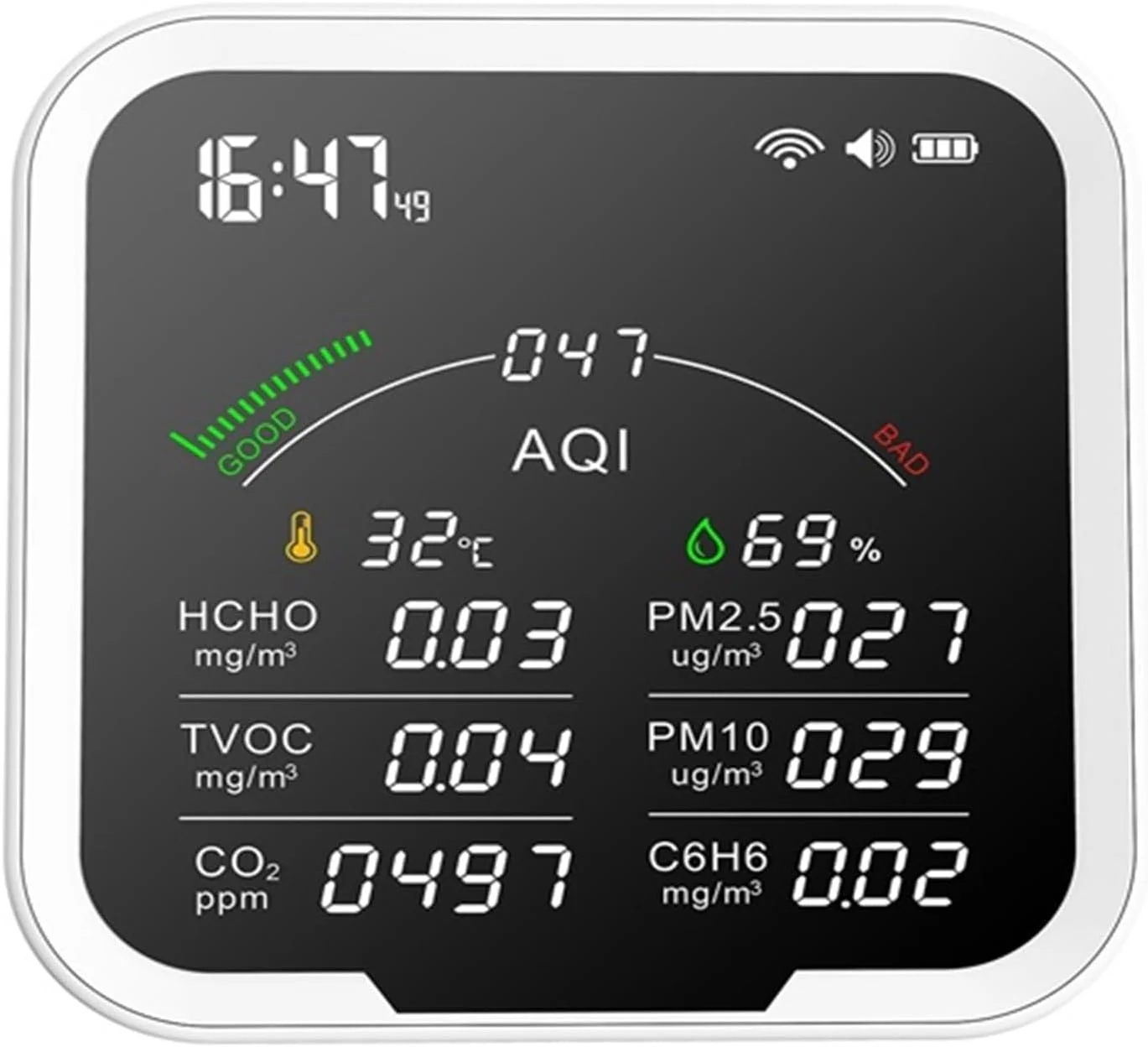 دستگاه نظارت بر کیفیت هوای چند منظوره، دستگاه کنترل کیفیت هوا، دماسنج و رطوبت سنج، ساعت زنگ دار و آشکارساز گازهای PM2.5/PM10/HCHO/C6H6/CO2، عمر باتری طولانی
