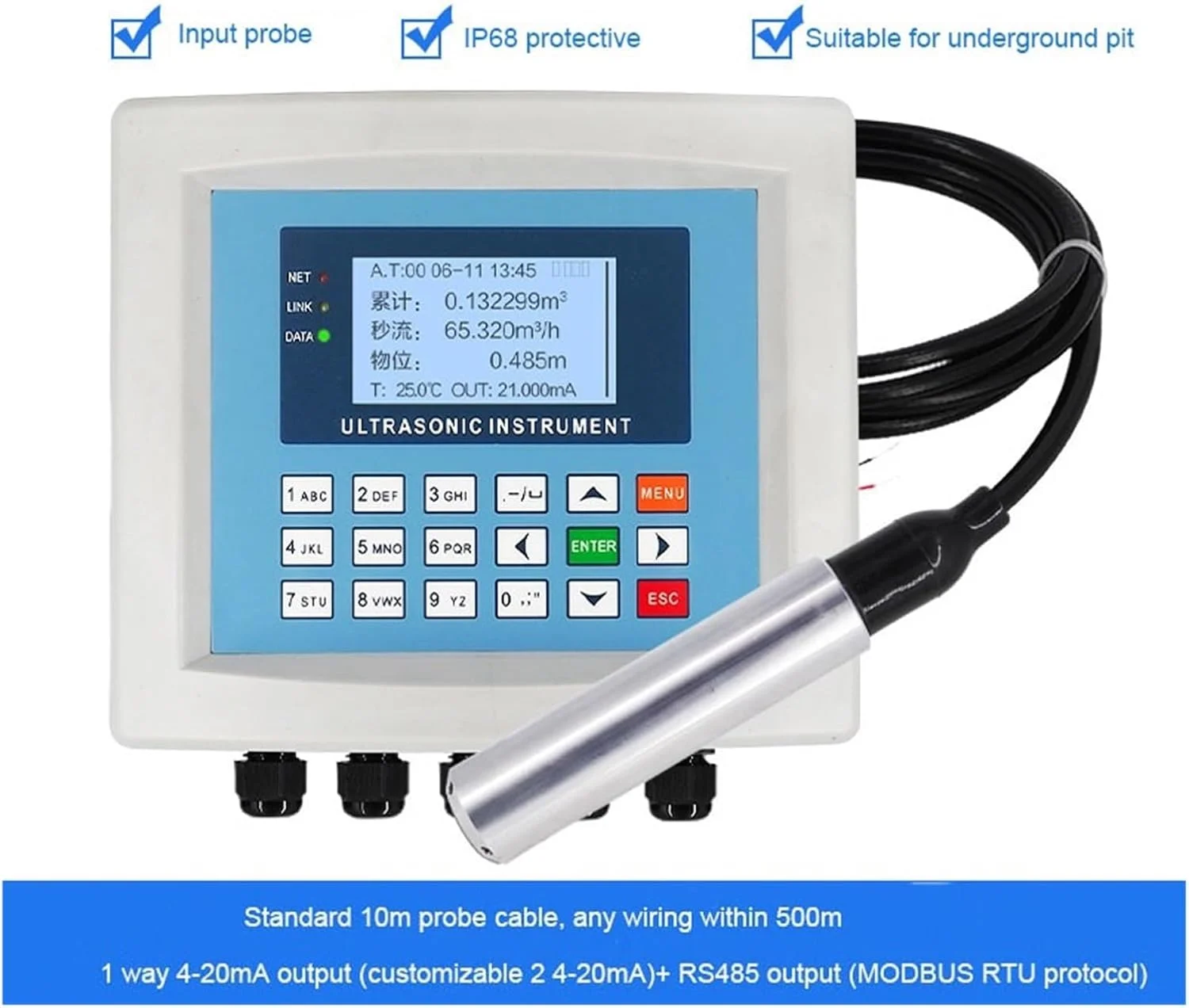 فلومتر آب، فلومتر التراسونیک یکپارچه کانال باز، فلومتر فاضلاب آبیاری زمین های کشاورزی 4-20 میلی آمپر با کابل 10 متری (نوع ورودی)