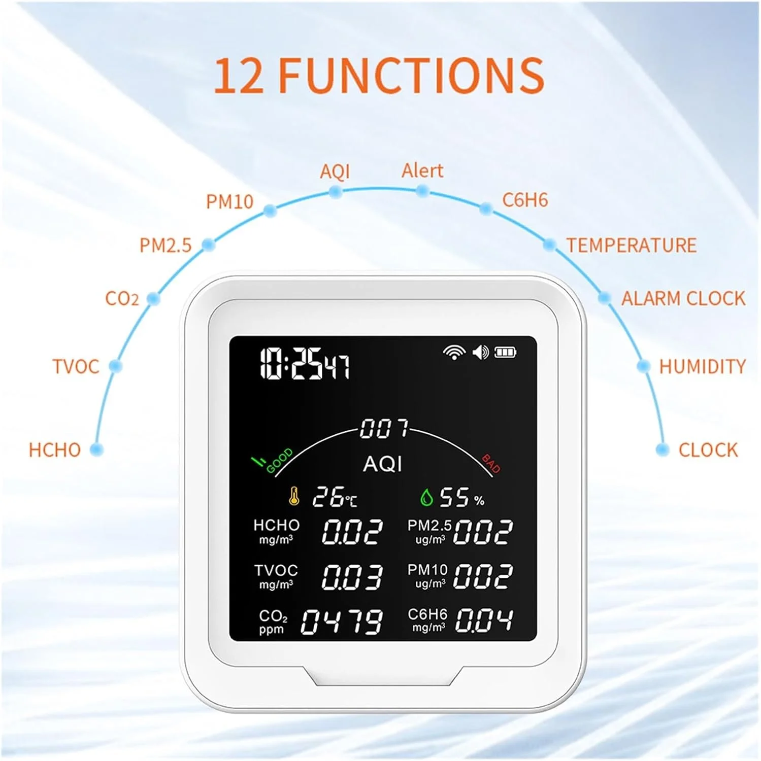 دستگاه نظارت بر کیفیت هوای چند منظوره، دستگاه کنترل کیفیت هوا، دماسنج و رطوبت سنج، ساعت زنگ دار و آشکارساز گازهای PM2.5/PM10/HCHO/C6H6/CO2، عمر باتری طولانی