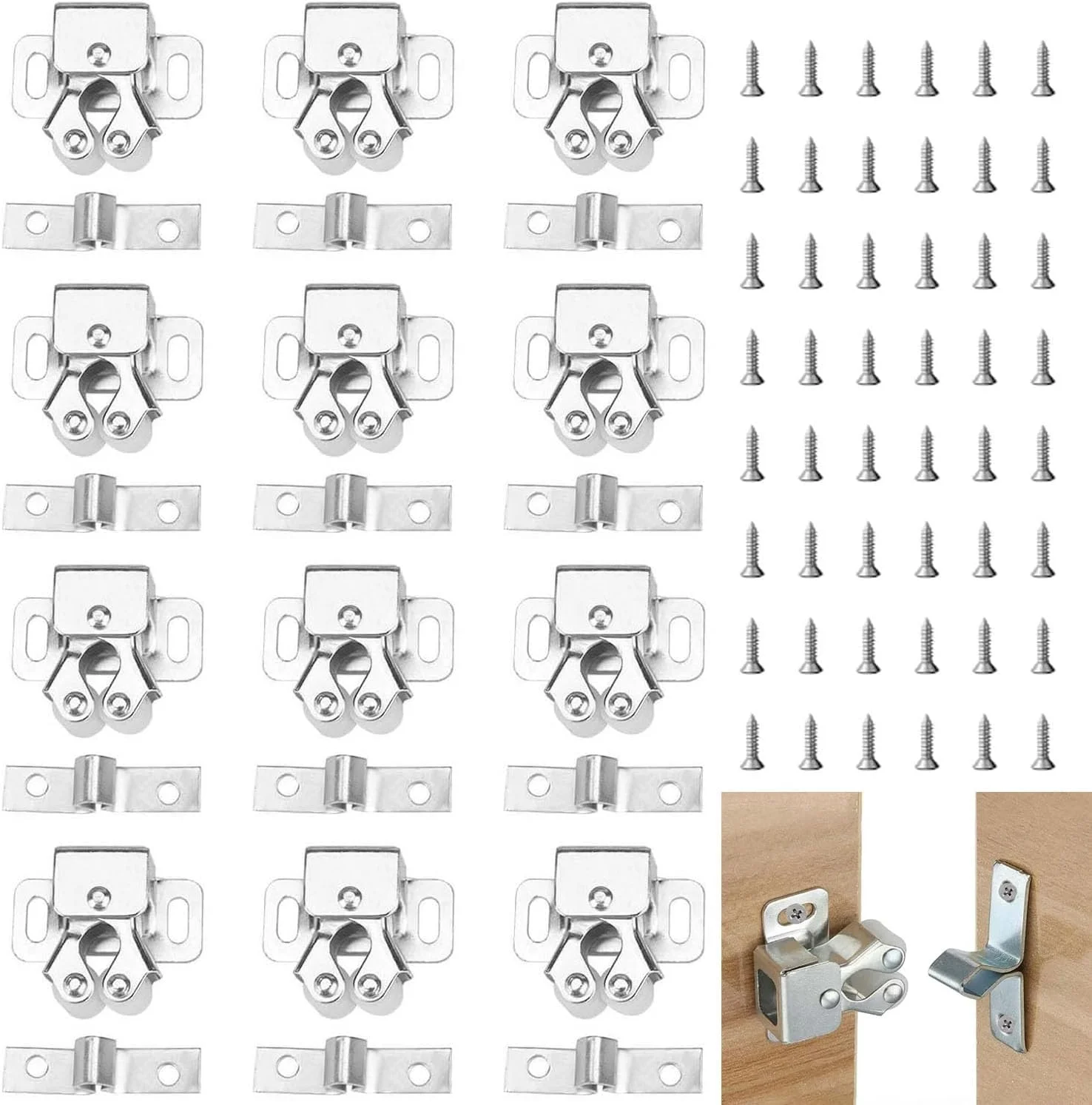 بسته 12 عددی قفل کابینت VZU به همراه 48 پیچ، قفل دو غلتکی درب کمد، قفل فشاری برای درب ها، پنجره ها و کابینت های آشپزخانه