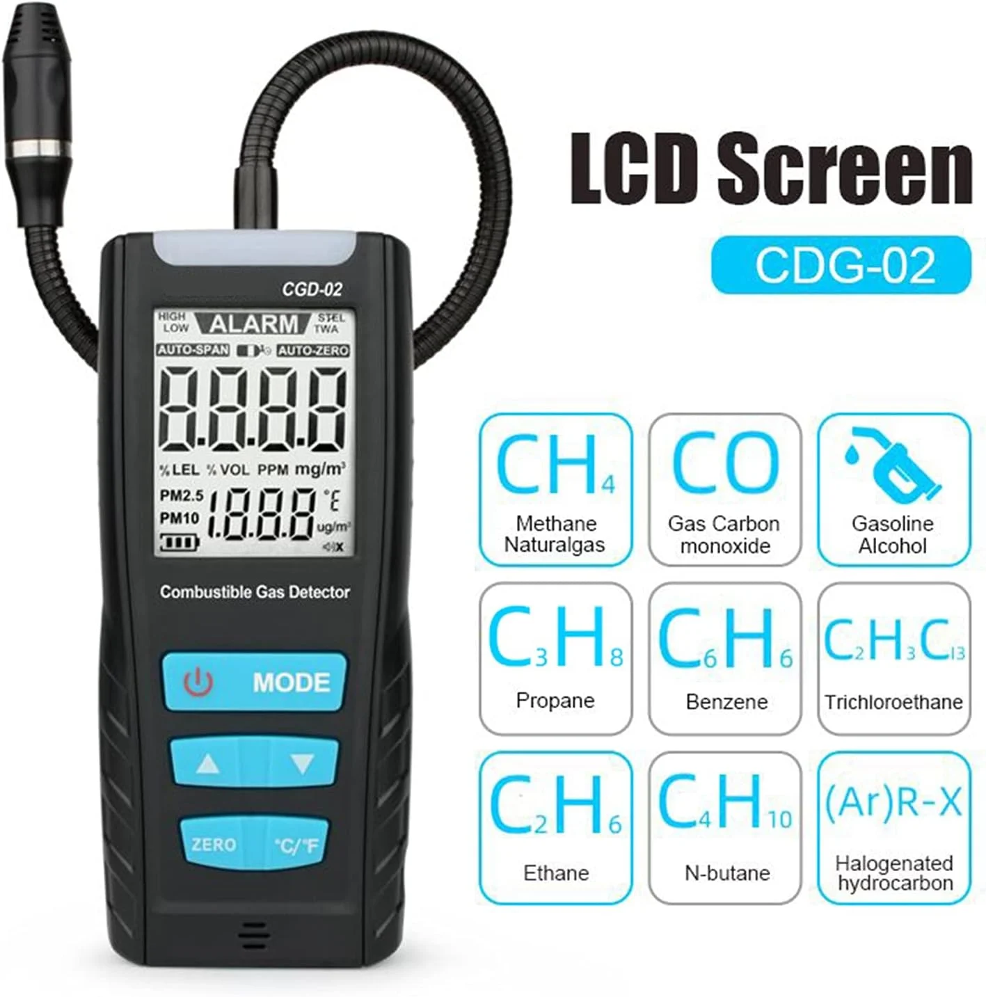 دستگاه تشخیص کیفیت هوا، تستر آنالیزور گاز با صفحه نمایش LCD، سنسور گاز قابل اشتعال در خودرو، دستگاه نظارت بر کیفیت هوا، آشکارساز نشت گاز با آلارم شوک صوتی برای خانه، دفتر و مدرسه