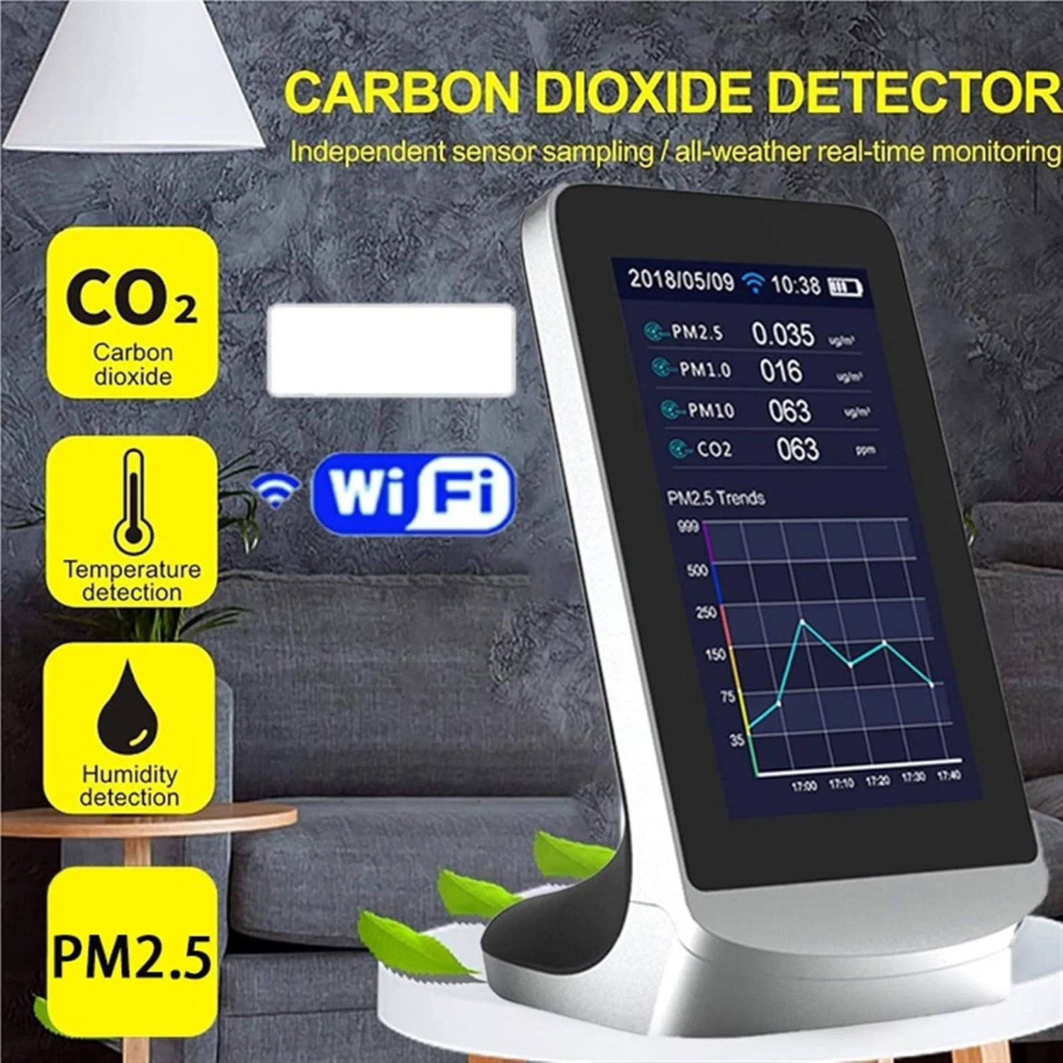 دستگاه تشخیص کیفیت هوا، آشکارساز هوای داخلی چند منظوره با قابلیت وای فای برای گاز دی اکسید کربن، دستگاه نظارت بر کیفیت گاز TVOC، دستگاه اندازه گیری دی اکسید کربن، آنالیزور USB برای استفاده در منزل، دفتر و مدرسه