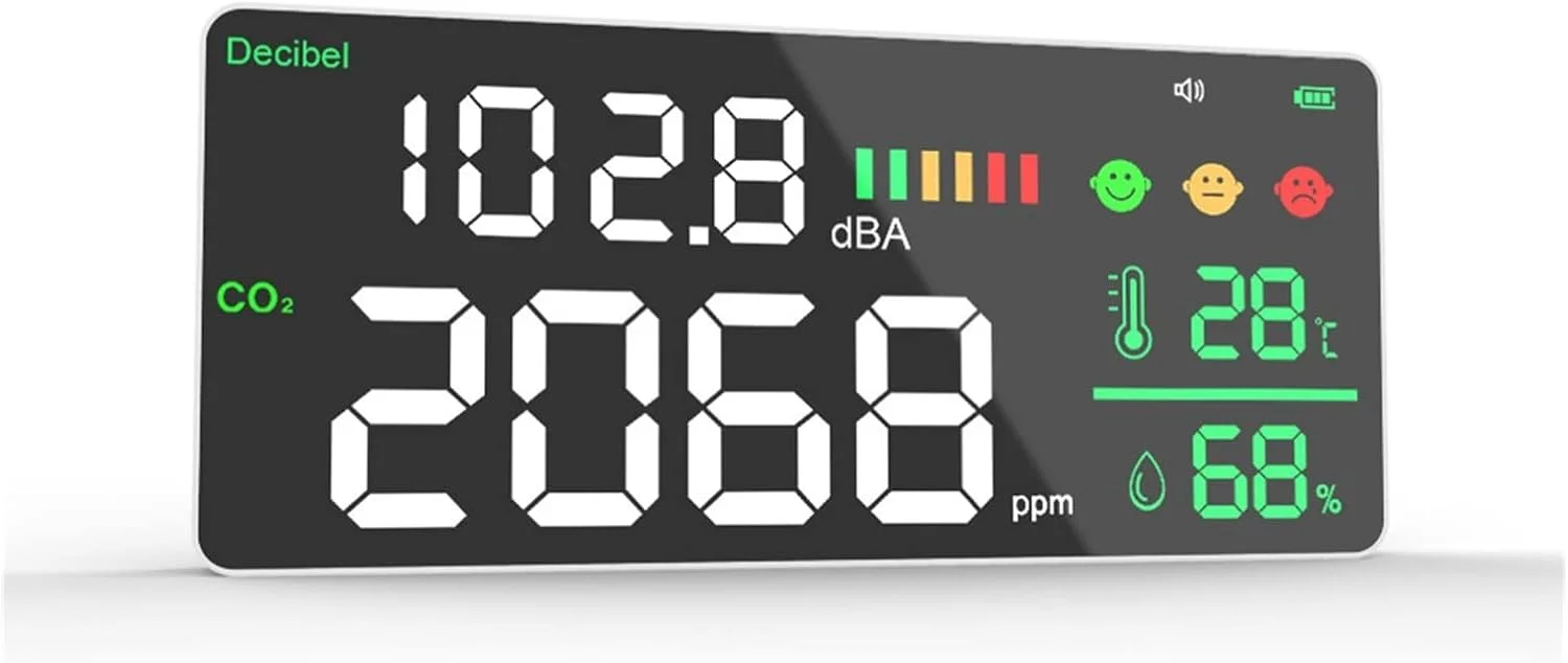 دستگاه تشخیص کیفیت هوا، دستگاه اندازه گیری دسی بل دیجیتال دیواری، دستگاه اندازه گیری دی اکسید کربن، دستگاه اندازه گیری دما و رطوبت برای تشخیص دی اکسید کربن CO2 برای استفاده در منزل، دفتر و مدرسه