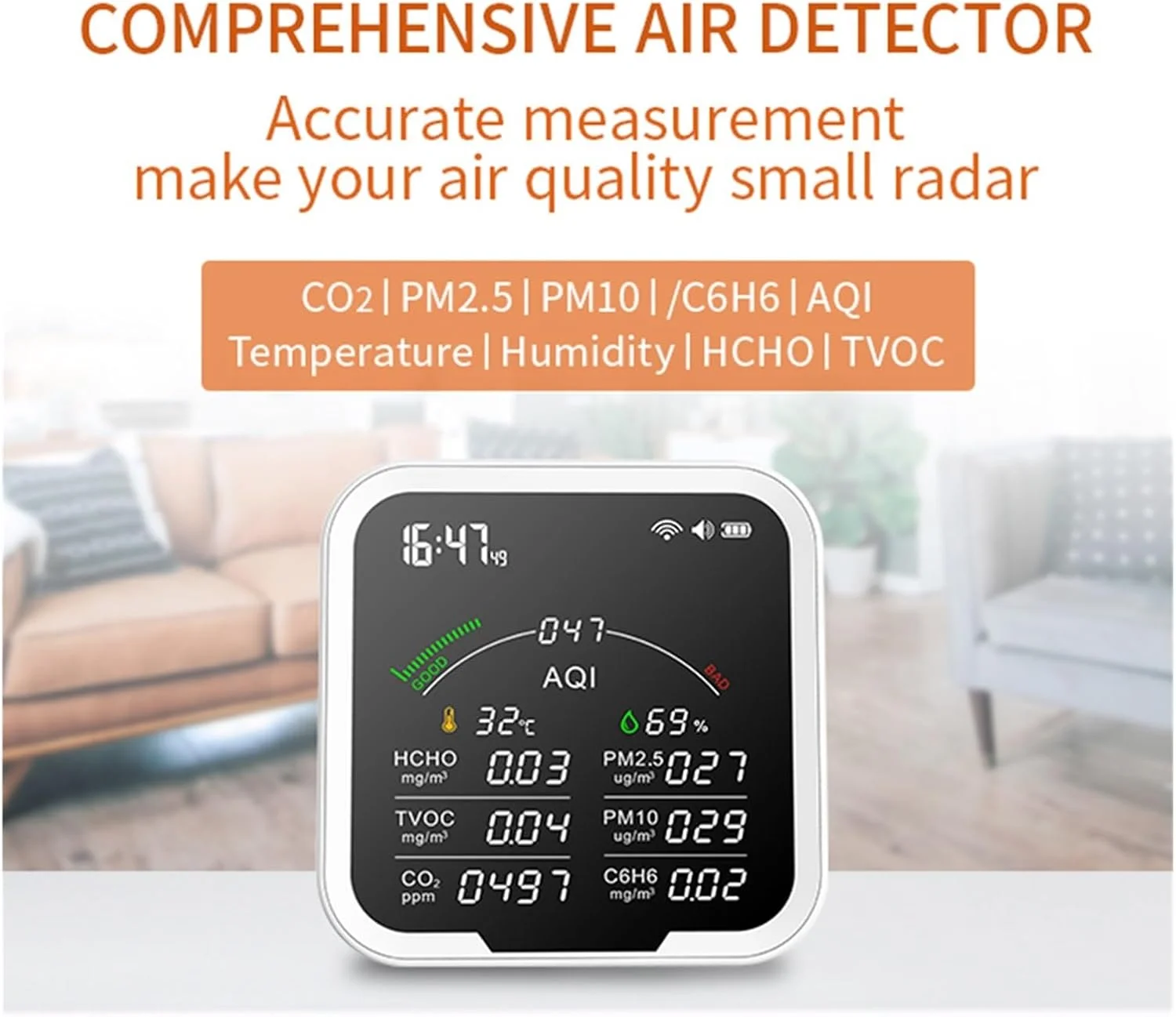 دستگاه پایش کیفیت هوا، دستگاه اندازه گیری کیفیت هوای قابل حمل HCHO/TVOC/CO2/PM2.5/PM10/AQI/C6H6، تستر دما و رطوبت، صفحه نمایش 4.8 اینچی، آشکارساز دی اکسید کربن، برای منزل