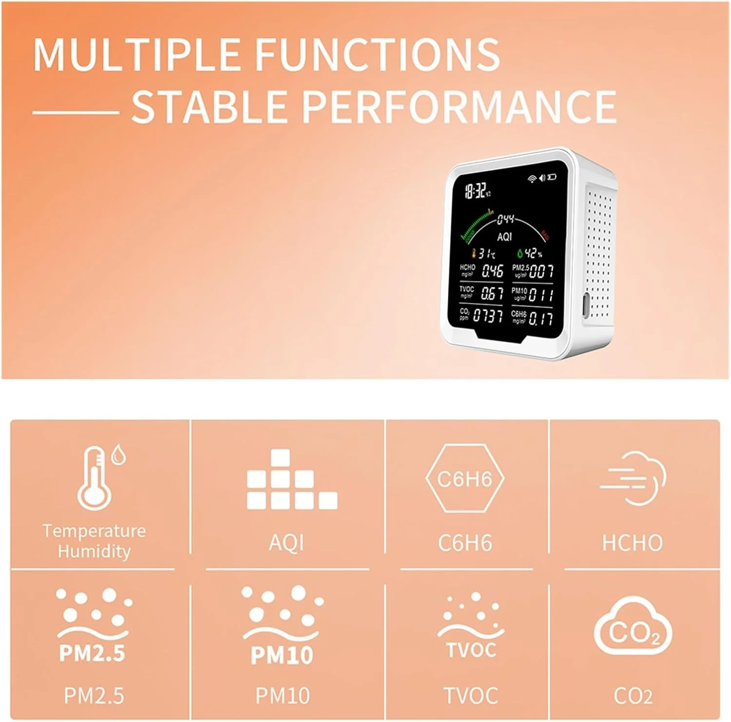 دستگاه پایش کیفیت هوا، دستگاه اندازه گیری کیفیت هوای قابل حمل HCHO/TVOC/CO2/PM2.5/PM10/AQI/C6H6، تستر دما و رطوبت، صفحه نمایش 4.8 اینچی، آشکارساز دی اکسید کربن، برای منزل