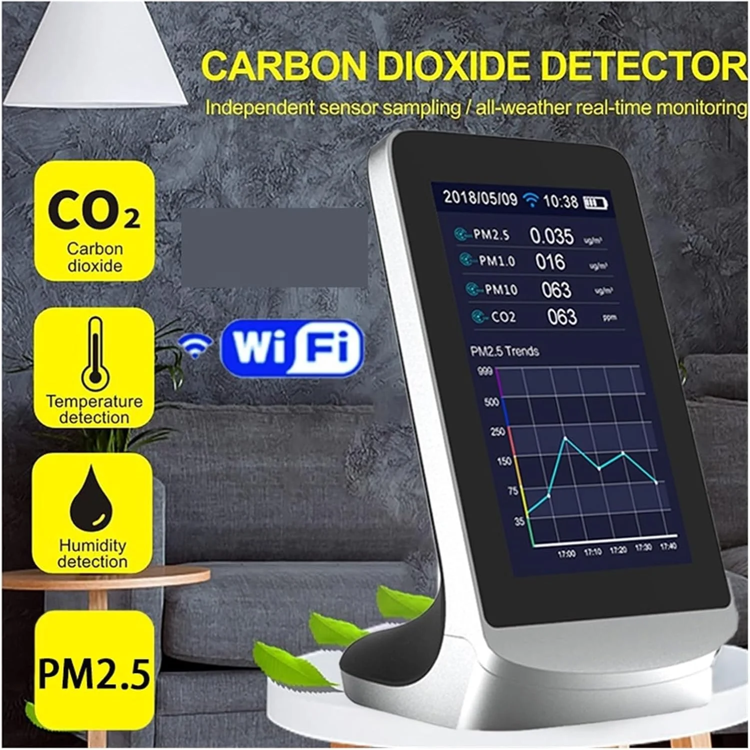 دستگاه مانیتورینگ کیفیت هوا، دستگاه تشخیص هوای چند منظوره برای دی اکسید کربن داخل خانه، دستگاه مانیتورینگ کیفیت گاز TVOC، دستگاه اندازه گیری دی اکسید کربن، آنالایزر USB، مناسب برای خانه، دفتر، مدرسه و هتل (م