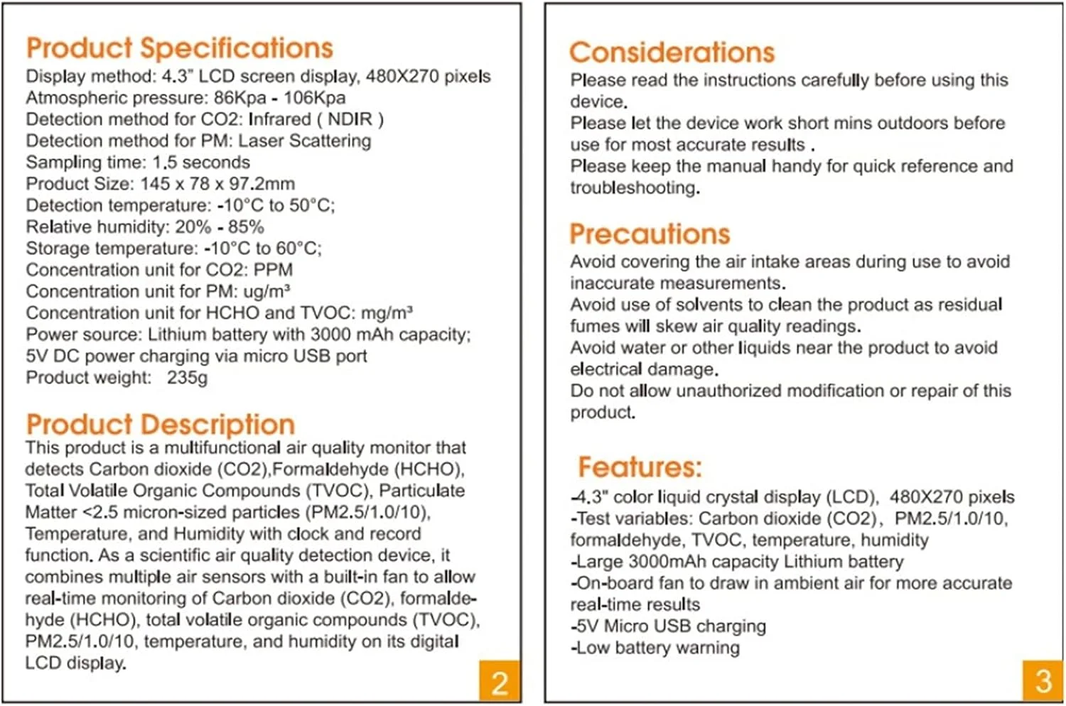 دستگاه تشخیص کیفیت هوا، دستگاه تشخیص دی اکسید کربن، گرد و غبار دی اکسید کربن، PM2.5، فرمالدئید، HCHO، TVOC، برای استفاده در منزل، دفتر و مدرسه