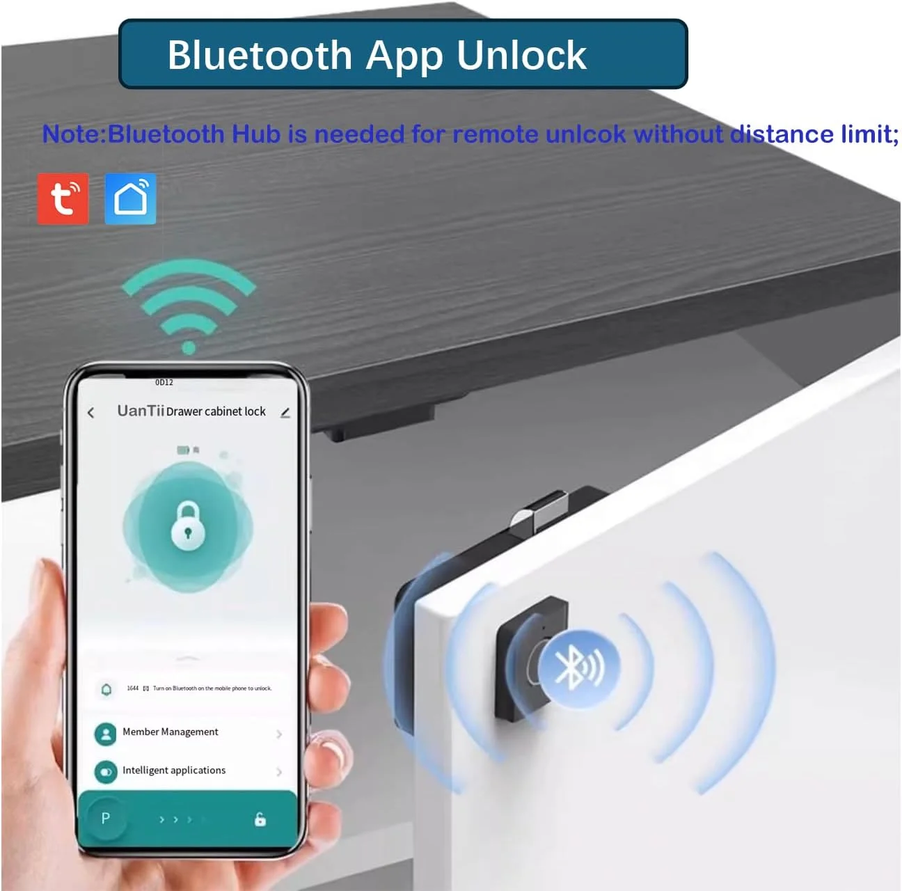 قفل الکترونیکی هوشمند اثر انگشتی کابینت UanTii، قفل کشویی بلوتوثی Tuya برای کابینت‌های درب چوبی با شارژ اضطراری (برنامه + اثر انگشت)