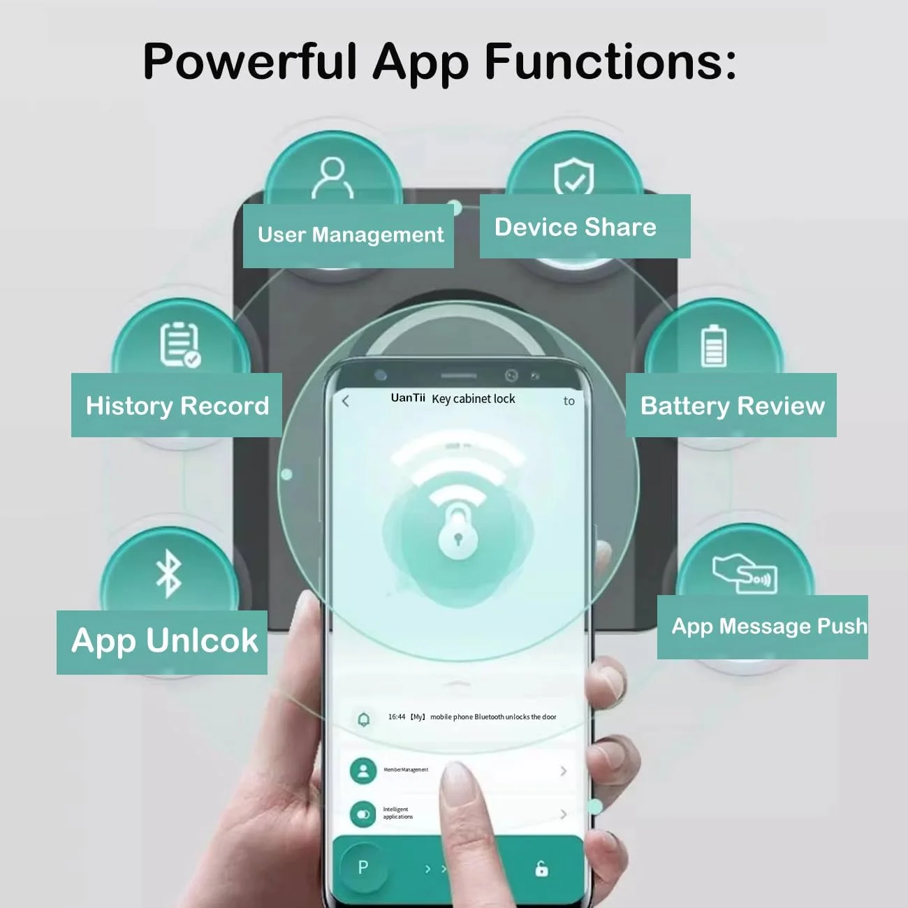 قفل الکترونیکی هوشمند اثر انگشتی کابینت UanTii، قفل کشویی بلوتوثی Tuya برای کابینت‌های درب چوبی با شارژ اضطراری (برنامه + اثر انگشت)