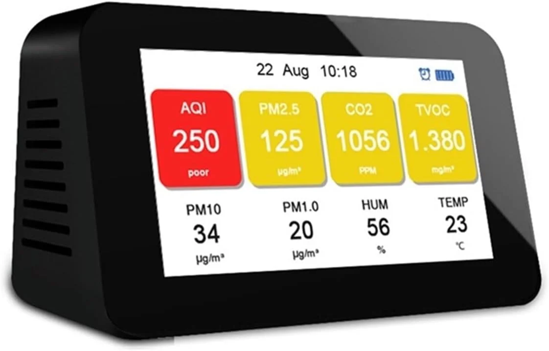 دستگاه مانیتور کیفیت هوا، مانیتور کیفیت هوا با صفحه نمایش ال سی دی 4.3 اینچی، آشکارساز گاز PM2.5 PM1.0 PM10 TVOC، سنج دی اکسید کربن، تستر دما و رطوبت، ساعت زنگ دار، برای خانه، دفتر و غیره