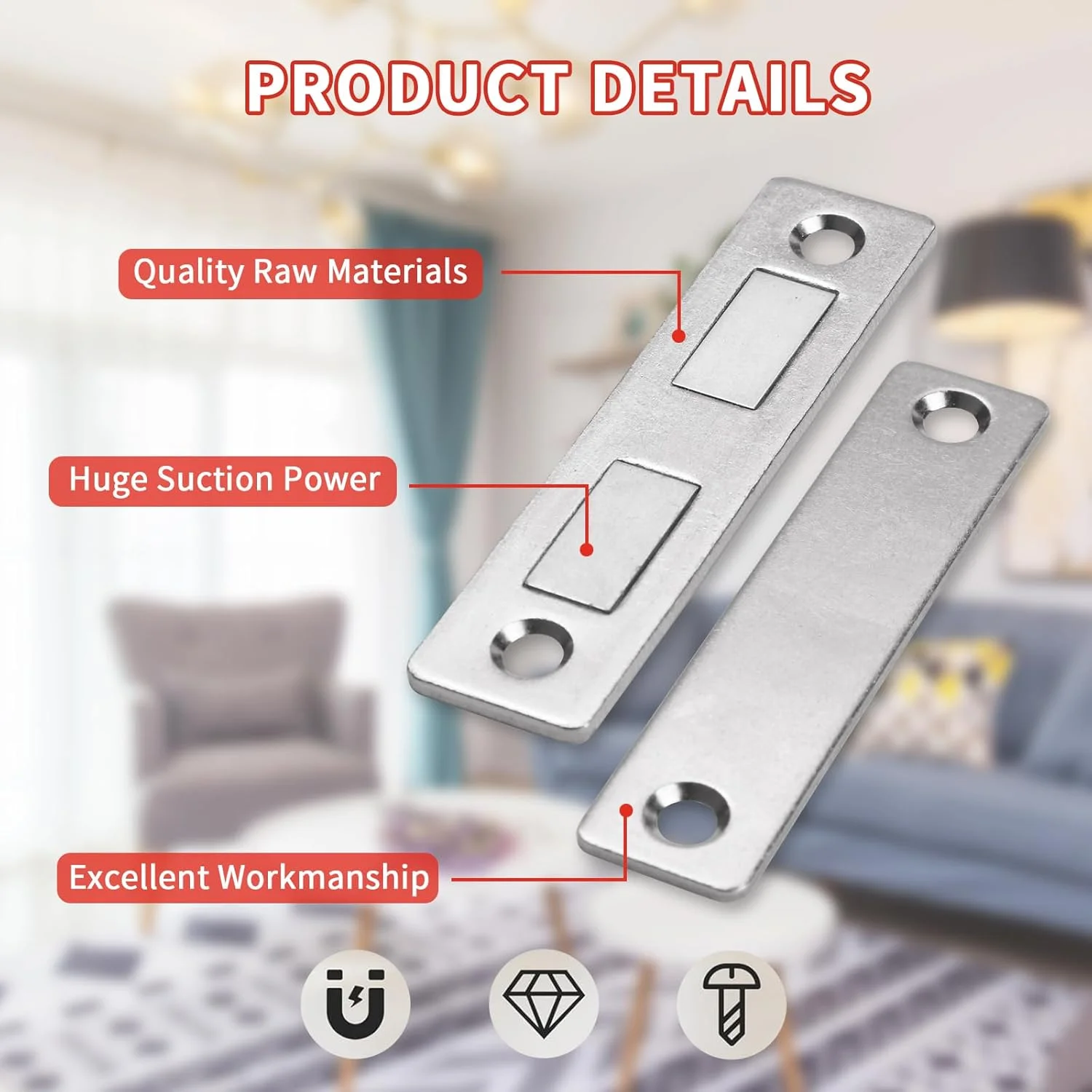 بسته 6 عددی قفل مغناطیسی فوق العاده نازک، قفل مغناطیسی درب جهانی، مجموعه قفل مغناطیسی دوتایی، قفل مغناطیسی کابینت خود چسب با پیچ، قفل مغناطیسی نامرئی باریک کمد برای مبلمان