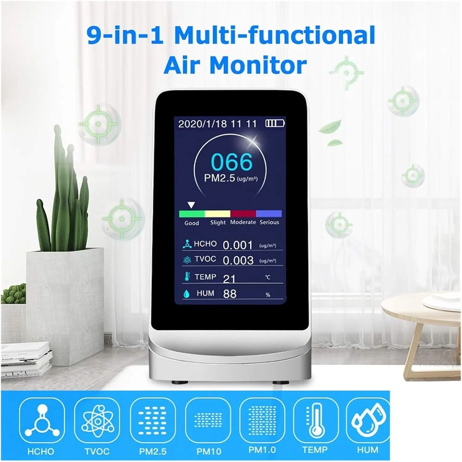 دستگاه نظارت بر کیفیت هوا، آشکارساز کیفیت هوا Pm2.5 1.0 10، دستگاه تجزیه و تحلیل گاز، فرمالدئید، Tvoc، Hcho، Pm 2.5، دستگاه تجزیه و تحلیل سنسور دی اکسید کربن، برای استفاده خانگی