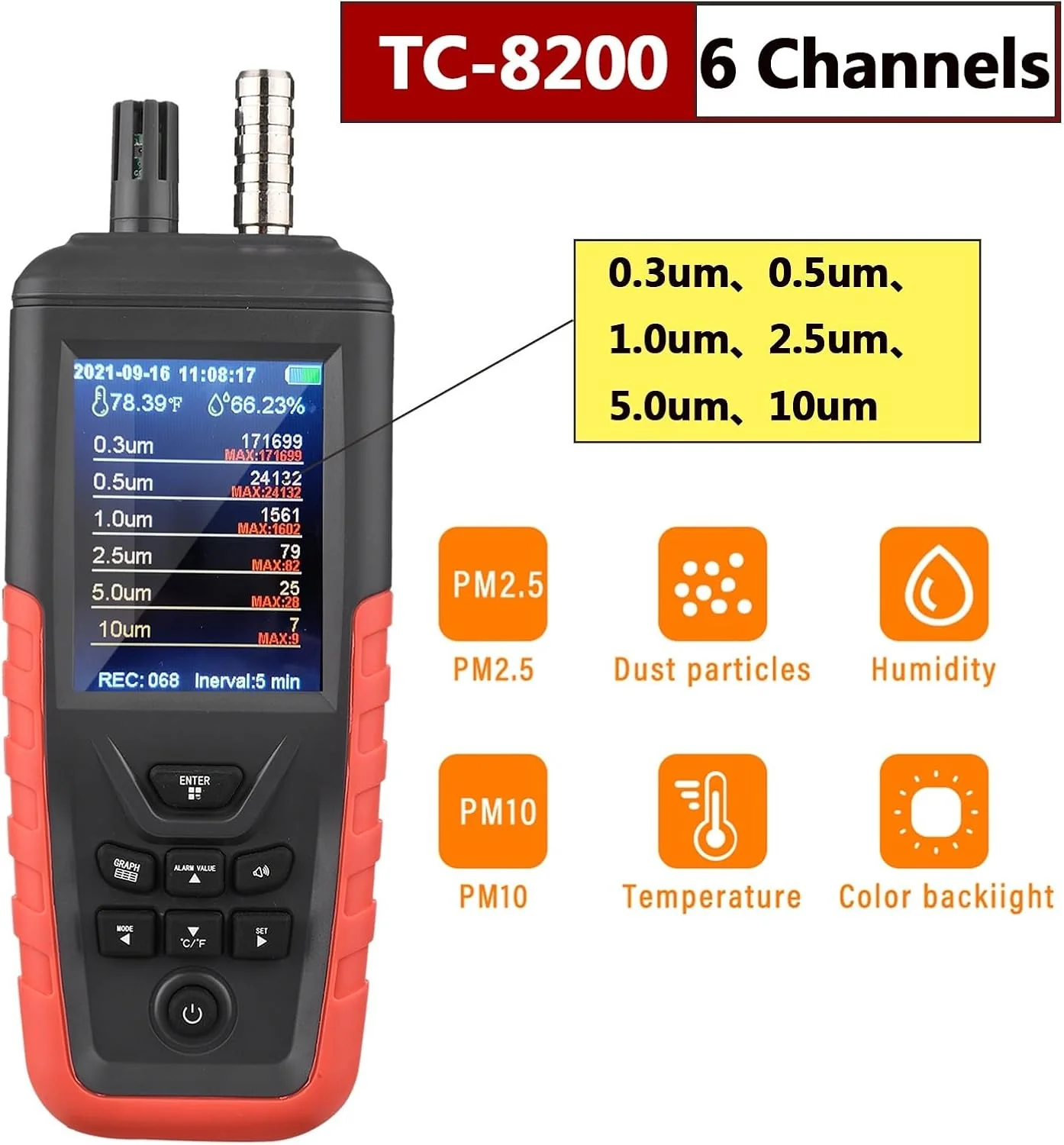 دستگاه نظارت بر کیفیت هوا، شمارنده ذرات گرد و غبار، 3/6 کانال، آشکارساز PM2.5 PM10، با صفحه نمایش رنگی با نور پس زمینه 3.2 اینچی، دستگاه تست کیفیت هوا برای استفاده خانگی، اندازه گیری خودکار (TC-8100، 3 کانال) (Tc8200،