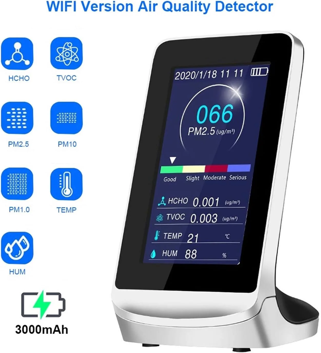 دستگاه نظارت بر کیفیت هوا، آشکارساز کیفیت هوا Pm2.5 1.0 10، دستگاه تجزیه و تحلیل گاز، فرمالدئید، Tvoc، Hcho، Pm 2.5، دستگاه تجزیه و تحلیل سنسور دی اکسید کربن، برای استفاده خانگی