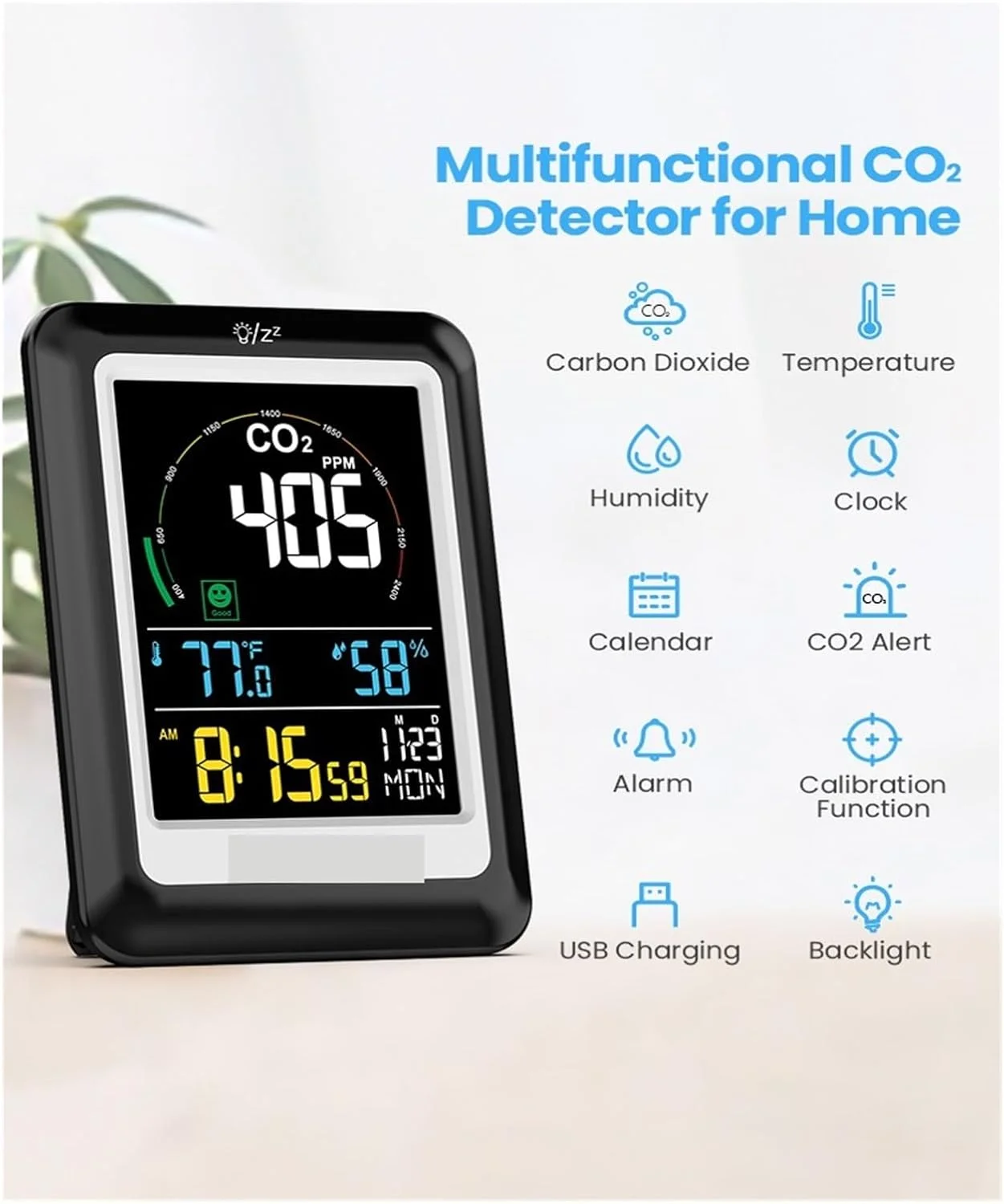 دستگاه نظارت بر کیفیت هوا، دستگاه نظارت بر کیفیت هوا 5 در 1، دستگاه اندازه گیری دی اکسید کربن در زمان واقعی، دستگاه اندازه گیری دی اکسید کربن، آشکارساز دیجیتال دما و رطوبت، برای خانه