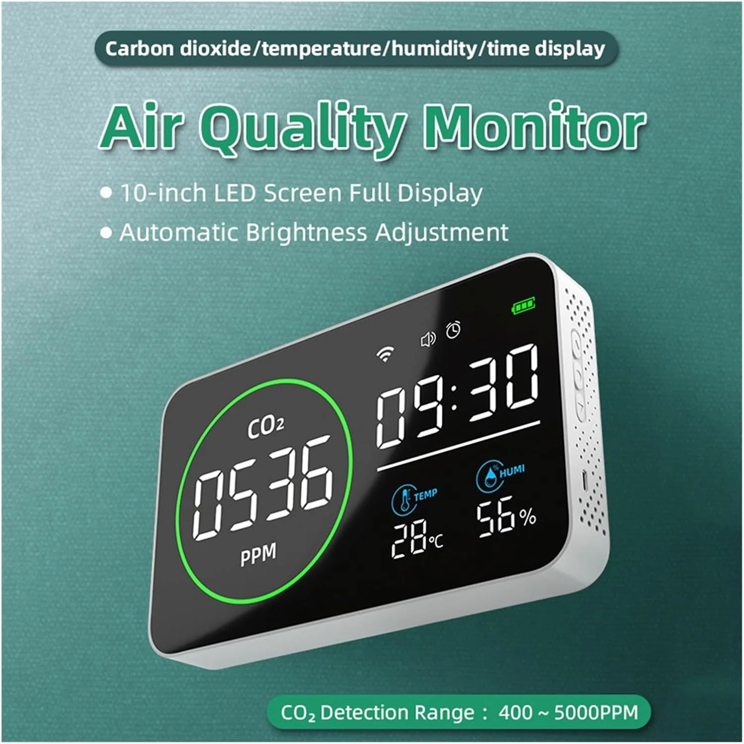 دستگاه مانیتورینگ کیفیت هوا، ردیاب دی اکسید کربن هوشمند 4 در 1، مانیتور کیفیت هوای داخلی، دستگاه اندازه گیری دما و رطوبت قابل حمل دی اکسید کربن، برای خانه
