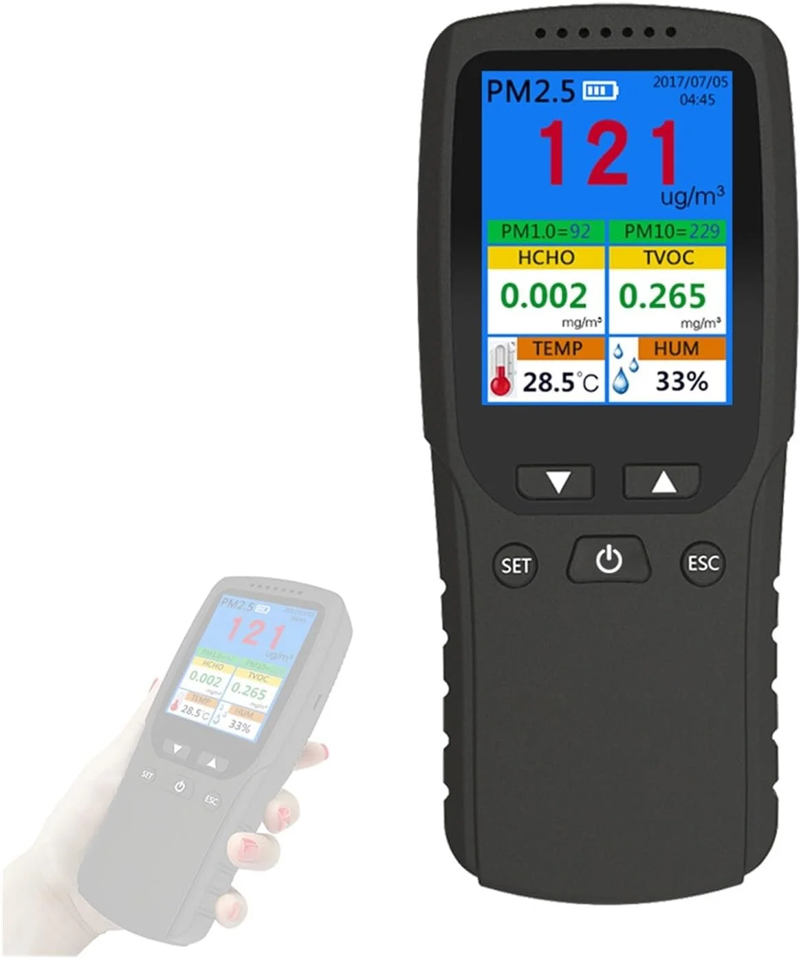 دستگاه مانیتورینگ کیفیت هوا، آشکارساز PM2.5 قابل حمل، دماسنج و رطوبت سنج، آشکارساز هوای دیجیتال، تحلیلگر کیفیت هوا Intellint، مانیتورینگ آلودگی هوا خانگی، عمر باتری طولانی - تصویر 2