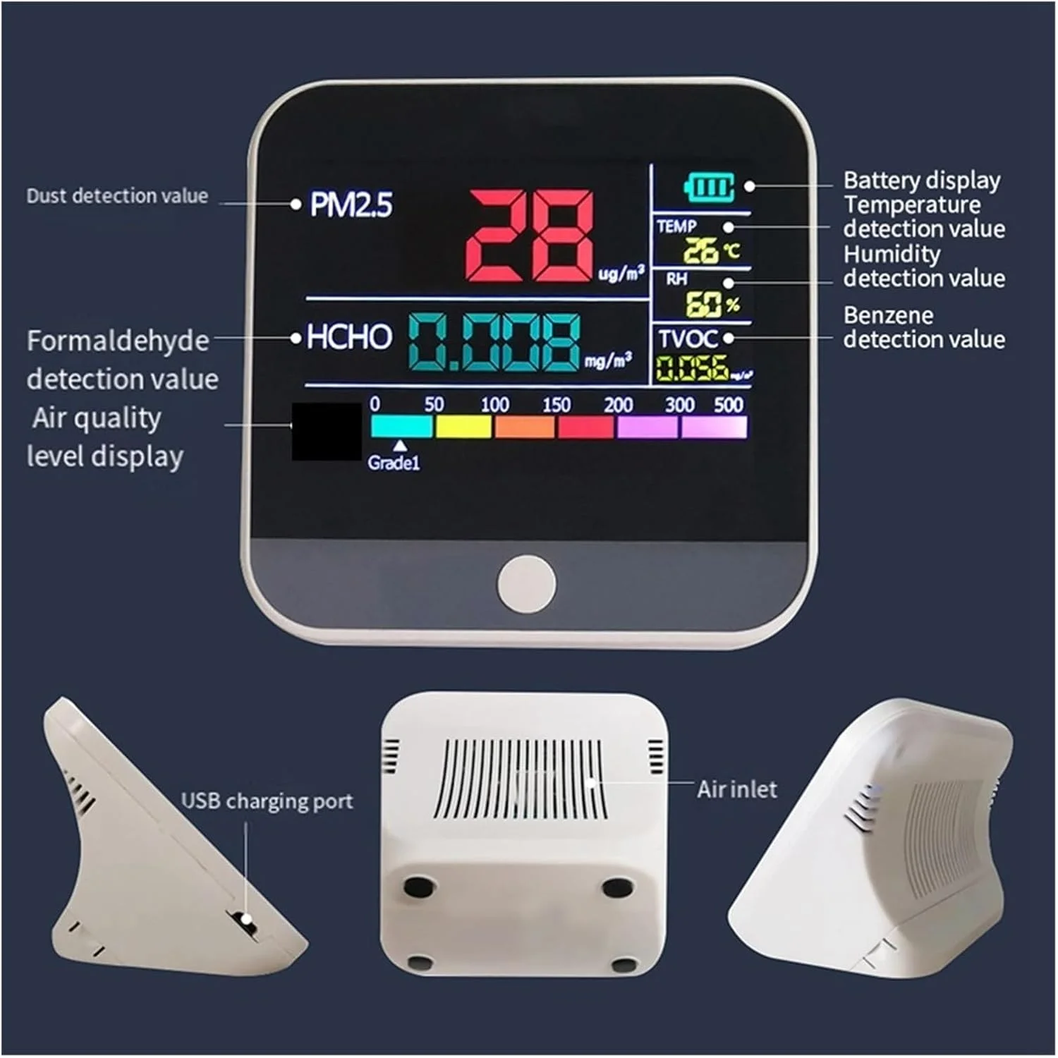 دستگاه مانیتور کیفیت هوا، دستگاه مانیتور کیفیت هوای داخلی، دستگاه مانیتور PM2.5/PM1/PM10، دستگاه تست فرمالدئید و ترکیبات آلی فرار، دستگاه تست کیفیت هوا، عمر باتری طولانی