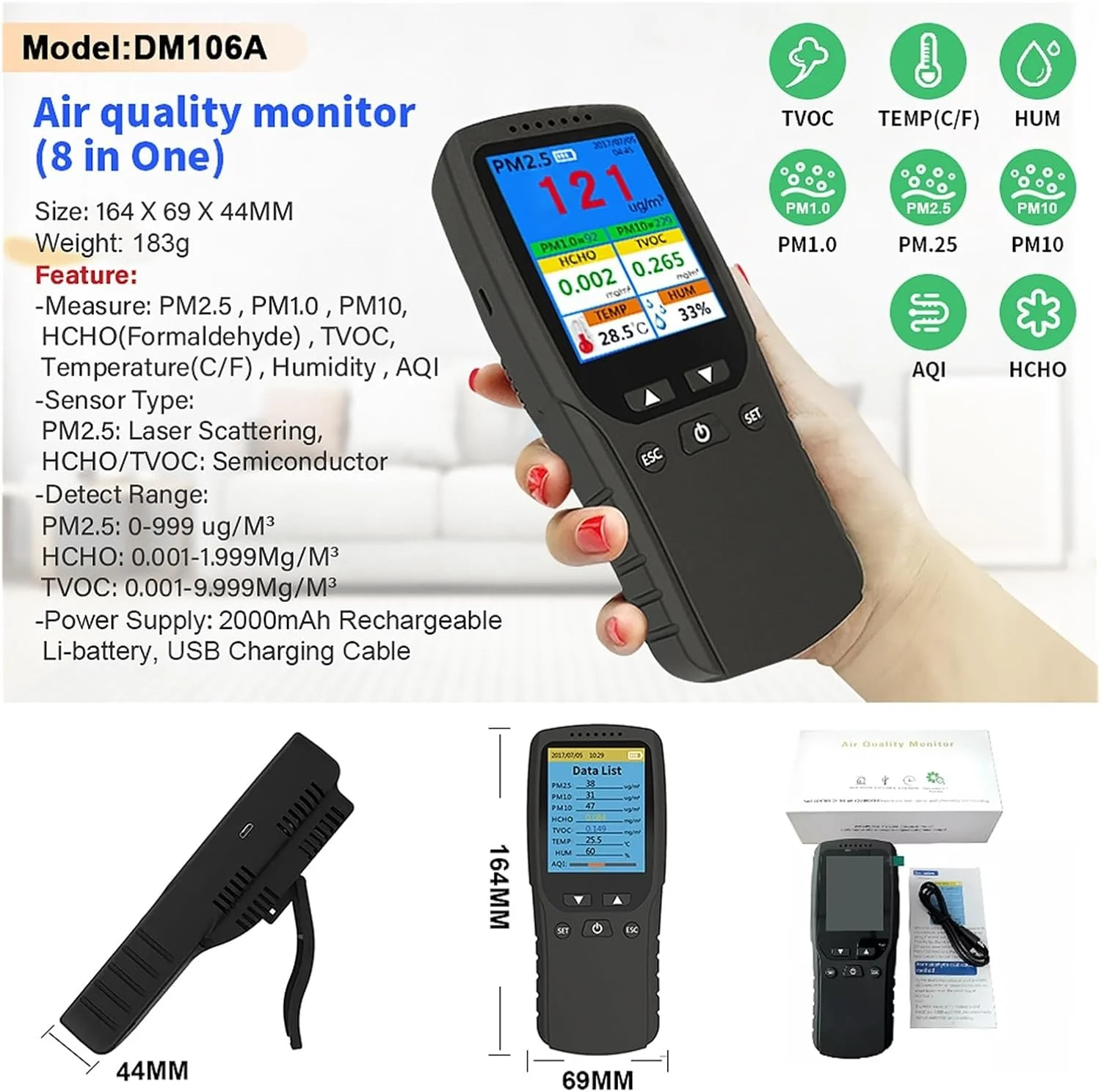 دستگاه مانیتورینگ کیفیت هوا، آشکارساز PM2.5 قابل حمل، دماسنج و رطوبت سنج، آشکارساز هوای دیجیتال، تحلیلگر کیفیت هوا Intellint، مانیتورینگ آلودگی هوا خانگی، عمر باتری طولانی - تصویر 3
