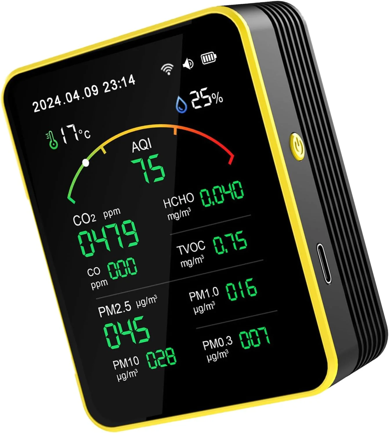 دستگاه سنجش آلودگی هوا، آشکارساز هوا، دی اکسید کربن، PM2.5، فرمالدئید، ترکیبات آلی فرار، دماسنج و رطوبت سنج، دستگاه تست دقیق برای ارزیابی منزل (سیاه و زرد) دستگاه سنجش آلودگی هوا، آشکارساز هوا، دی اکسید کربن، PM2.5، فرمالدئید، ترکیبات آلی فرار، دماسنج و رطوبت سنج، دستگاه تست دقیق برای ارزیابی منزل (سیاه و زرد)