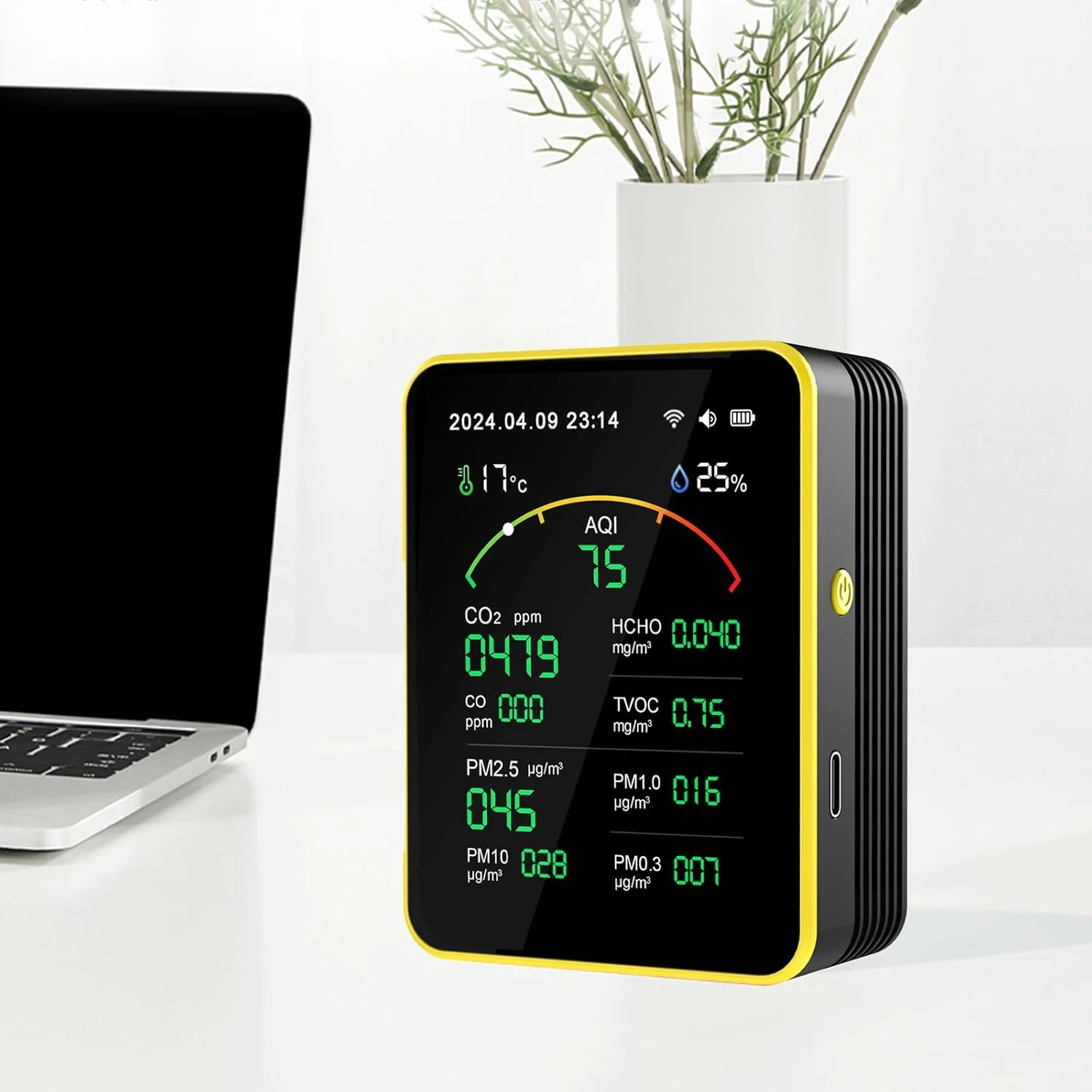 دستگاه سنجش آلودگی هوا، آشکارساز هوا، دی اکسید کربن، PM2.5، فرمالدئید، ترکیبات آلی فرار، دماسنج و رطوبت سنج، دستگاه تست دقیق برای ارزیابی منزل (سیاه و زرد)