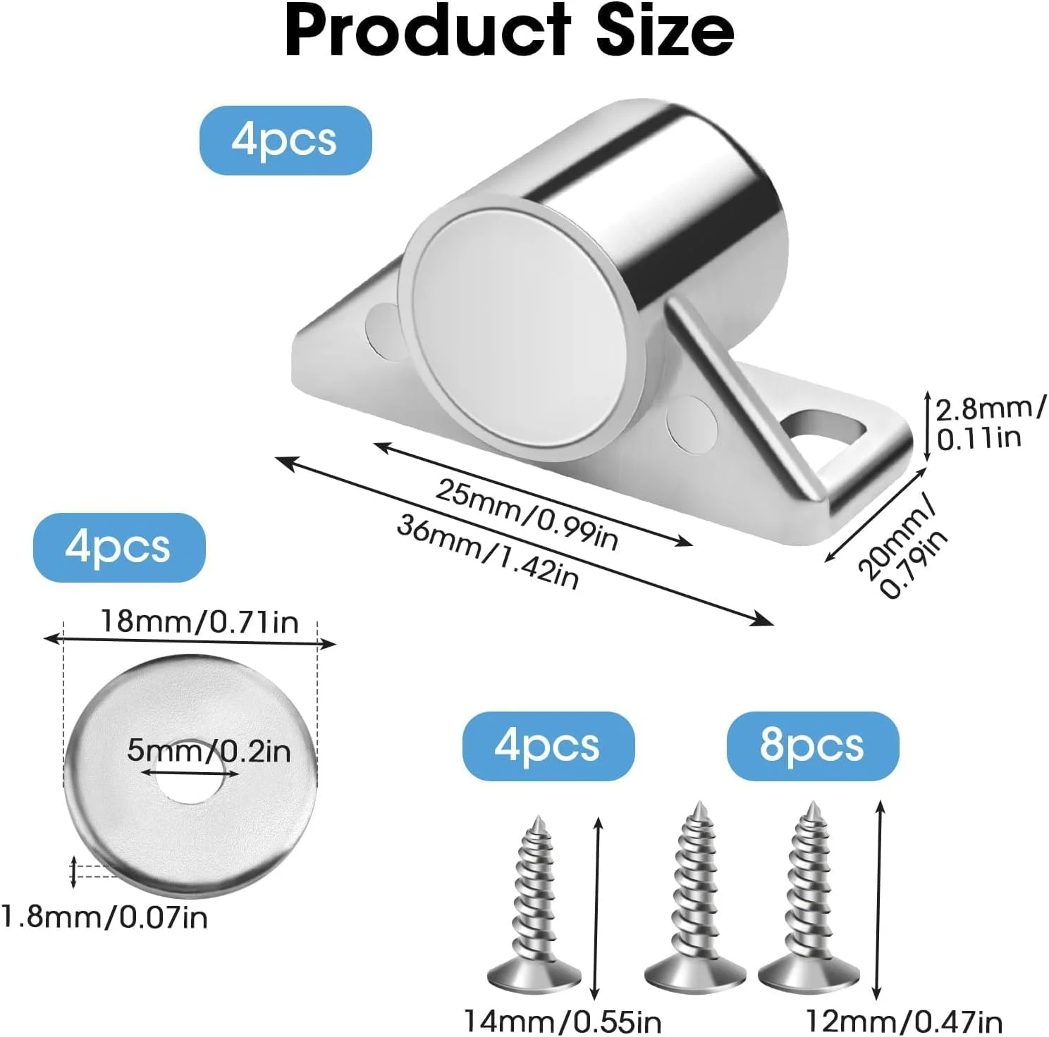 قفل مگنتی کابینت Taoduod، نقره ای، گرد، قفل مگنتی قوی درب، مگنت مبلمان، قفل درب مگنتی با 4 واشر و 12 پیچ برای کشوها و کابینت آشپزخانه