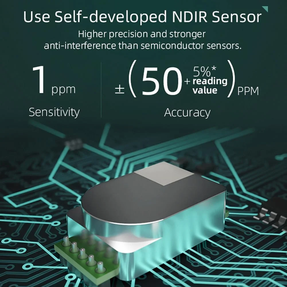 ردیاب بی‌سیم دی‌اکسید کربن، دستگاه تست دی‌اکسید کربن قابل حمل چند منظوره برای نظارت بر دما و رطوبت و سنسور NDIR با قابلیت دسترسی به داده‌های برنامه، برای نظارت بر کیفیت هوای داخلی