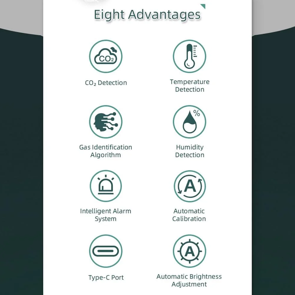 ردیاب بی‌سیم دی‌اکسید کربن، دستگاه تست دی‌اکسید کربن قابل حمل چند منظوره برای نظارت بر دما و رطوبت و سنسور NDIR با قابلیت دسترسی به داده‌های برنامه، برای نظارت بر کیفیت هوای داخلی