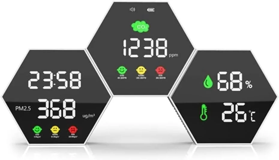 دستگاه تشخیص کیفیت هوا دیواری با زنگ هشدار، نمایش زمان، تست دما و رطوبت برای دی اکسید کربن PM2.5 و مانیتور دما و رطوبت شش ضلعی دستگاه تشخیص کیفیت هوا دیواری با زنگ هشدار، نمایش زمان، تست دما و رطوبت برای دی اکسید کربن PM2.5 و مانیتور دما و رطوبت شش ضلعی