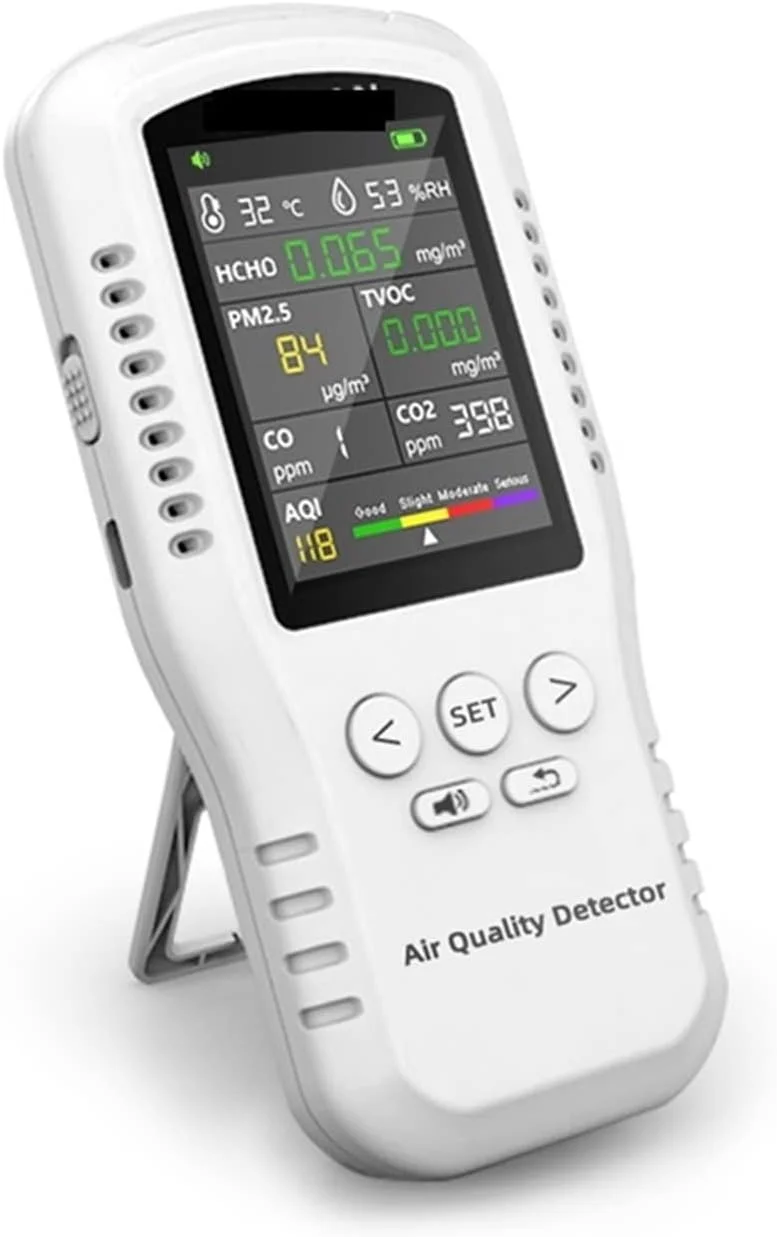 دستگاه مانیتورینگ کیفیت هوای داخلی، آشکارساز دیجیتال کیفیت هوا LCD PM2.5 HCHO TVOC CO2 CO رطوبت دما، دستگاه مانیتورینگ کیفیت هوا خانگی سنسور واقعی، برای خانه و دفتر دستگاه مانیتورینگ کیفیت هوای داخلی، آشکارساز دیجیتال کیفیت هوا LCD PM2.5 HCHO TVOC CO2 CO رطوبت دما، دستگاه مانیتورینگ کیفیت هوا خانگی سنسور واقعی، برای خانه و دفتر