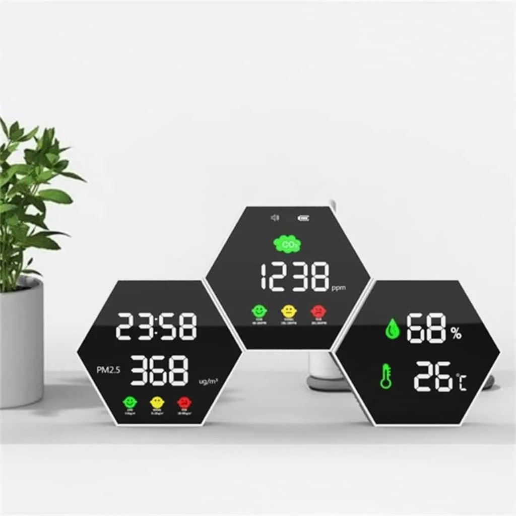 دستگاه تشخیص کیفیت هوا دیواری با زنگ هشدار، نمایش زمان، تست دما و رطوبت برای دی اکسید کربن PM2.5 و مانیتور دما و رطوبت شش ضلعی