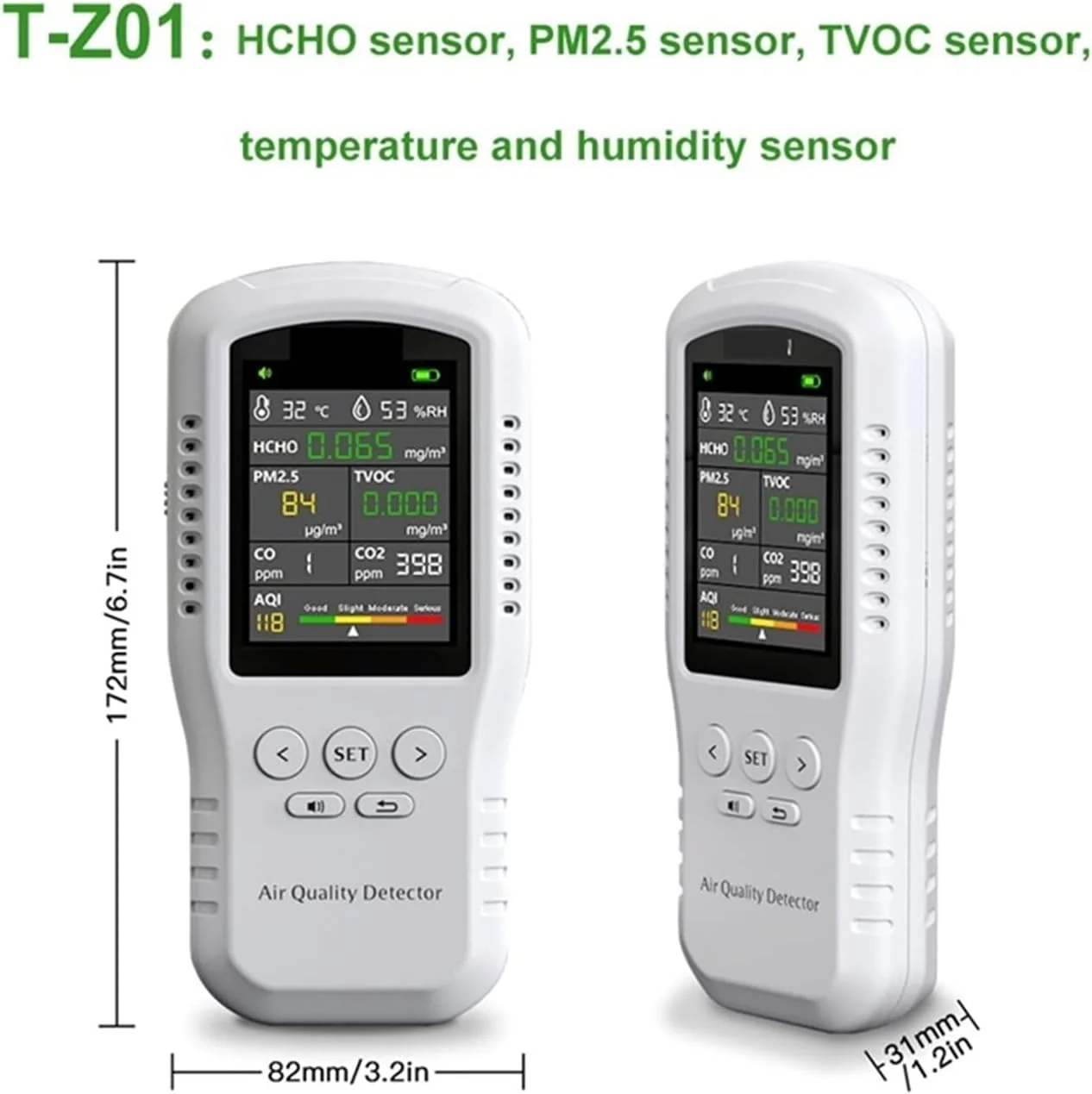 دستگاه مانیتورینگ کیفیت هوای داخلی، آشکارساز دیجیتال کیفیت هوا LCD PM2.5 HCHO TVOC CO2 CO رطوبت دما، دستگاه مانیتورینگ کیفیت هوا خانگی سنسور واقعی، برای خانه و دفتر